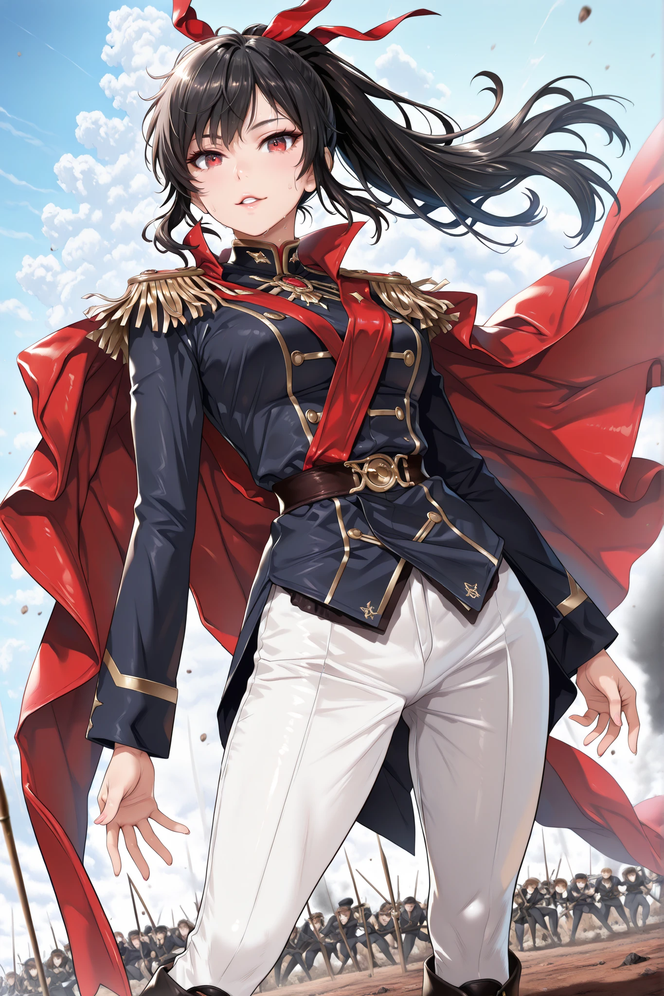 1 girl, Ha Yuri Zahard, black hair, radiant skin, red eyes, detailed eyes, long eyelashes, beautiful eyes, ponytail, hair ribbon, realistic skin with natural texture and a slight sheen of sweat, pretty eyes, detailed eyes, gradient eyes, long eyelashes, beautiful eyes, beautiful face, perfectly symmetrical face, delicate and harmonious features, face with a golden ratio, beautiful hair, realistic skin with a natural texture, medium breasts, good anatomy, correct hand anatomy, seductive look, beautiful legs, standing, Napoleonic military uniform from the 1800s, dark blue coat with gold details, red high collar, gold epaulettes on the shoulders, tight white trousers, polished black knee-high boots, soft and luminous skin, slender and toned body with perfect proportions, wearing a long, flowing red cloak that moves dramatically with the wind, very attractive, outdoors, battlefield, sunny day, looking at the viewer, detailed hands, arm movement, agile stance with bent knees, parted lips, psychopathic smile, provocative, motion lines stimulating speed, (dynamic pose:1.2), (action pose:1.2), dynamic tension in posture, looking at the viewer, Dutch angle, Hyper-realistic rendering, ultra-sharp details, photorealistic masterpiece, HDR, 8k , ,(((anime art style))),hyper-detailed, (best quality:1.3), glitter sparkles, , beautiful eyes, detailed eyes, 8k