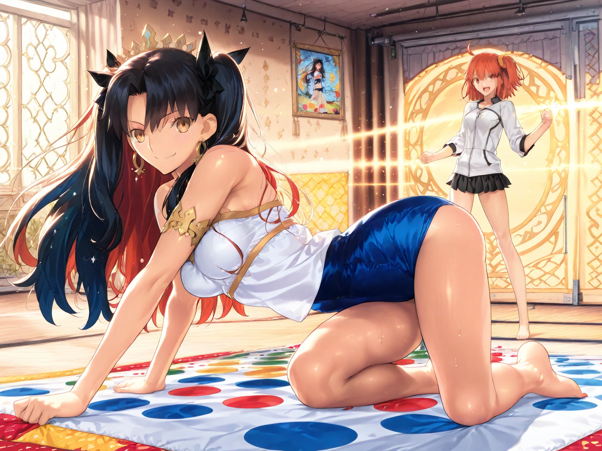 (masterpiece:1.1), (Highest Quality), (Super Detailed), (Fate/Grand Order style:1.2), (Thickly painted anime style),
(anime style:1.25), takeuchi takashi, (2girls:1.3), ((Fate Grand Order:1.2)), (1girl: Fujimaru Ritsuka (female), aaritsuka:1.3), (2girl: Ishtar:1.3),
((girls are playing Twister on colorful dotted mat)), ((victorious girl striking smiling while tangled)), ((loser collapsing comically)),
soft gym-like interior,(barefoot), spats, warm lighting, playful atmosphere, breasts, hips