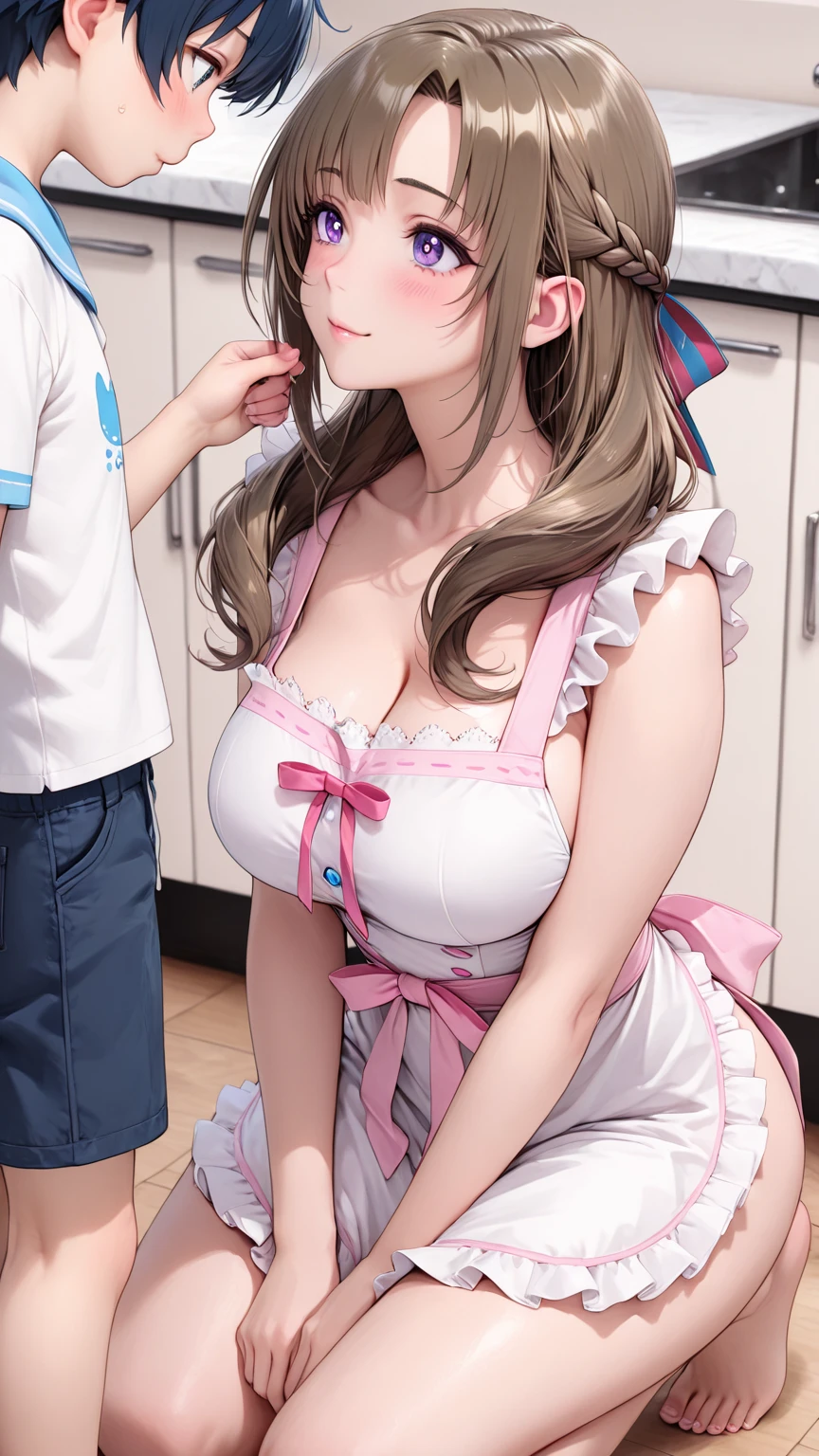 masterpiece, Highest quality, Nico_Yazawa,High resolution, 1 Girl, alone, Brown Hair, short hair, Twin tails、Purple eyes,  , , (Cleavage)、(Beautiful thighs), Carrying a red backpack, (randoseru backpack:1.2) Sweaty、Thick thighs、Highest quality、4K、1girl, 8years old, loli, cute, grin, 、Pink school swimsuit、on the train、Many passersby are surrounding the girl.、、Thick thighs、??????、Men holding their ??????? and surrounding girls、????? from the ?????、???????、???????、（???????）projectile ???、???????