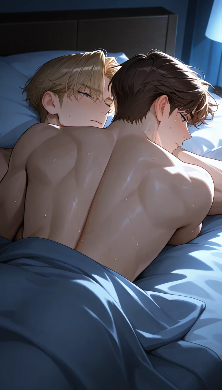 score_9, score_8_up, score_7_up, source_anime,highly detailed, skinny, slender,looking back,,glaring , top-down bottom-up, , , 2boys,,male focus, , ass grab, , (closed eyes), handa shinichi, brown hair, brown eyes,, nose blush, drooling, open mouth,  in ass,on bed,faceless male,motion lines, speed lines, trembling, 