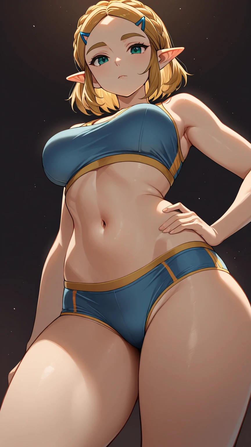 1girl, looking at viewer,  background, crown, ????????????, thighs, blonde hair, cyan ??????, ((giantess:1.3)), ((from below:1.2)), (pov from cruiseship), standing in water, ocean, string ??????, underboob, looking down, face visible behind ???????