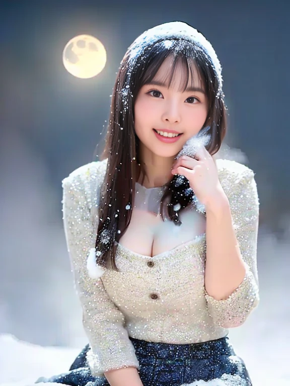 (highest quality、masterpiece、8K、best image quality、hyper realism、Award-winning work)、1 girl、(Perfect and classy thick melton coat:1.1)、Soft indirect lighting、Soft and delicate light、dramatic lighting effects、(huge breasts:1.2)、luxury 、glamorous body、emphasize body line、Romantic snowy night city、Romantic Christmas illuminations、Beautiful night view of the snowy city、the biggest smile looking at me、fine sparkling snow、Beautiful snow reflecting light、Diamond dust、(Tyndall effect:1.1)、beautiful snow scene、(It's snowing:1.1)、(snow in hair:1.1)、accurate 、(close up of face:1.1)、A beautiful lipstick with a glossy, natural color、natural makeup、glossy lips、Ultra high definition glossy skin、Ultra-HD radiant, beautiful skin、Moist and beautiful skin、beautiful skin glow、超高精細のglossy lips、Super high-definition sparkling eyes、(Super high definition beautiful perfect teeth:1.1)、Show your beautiful teeth and smile big、(Perfect beautiful teeth:1.1)