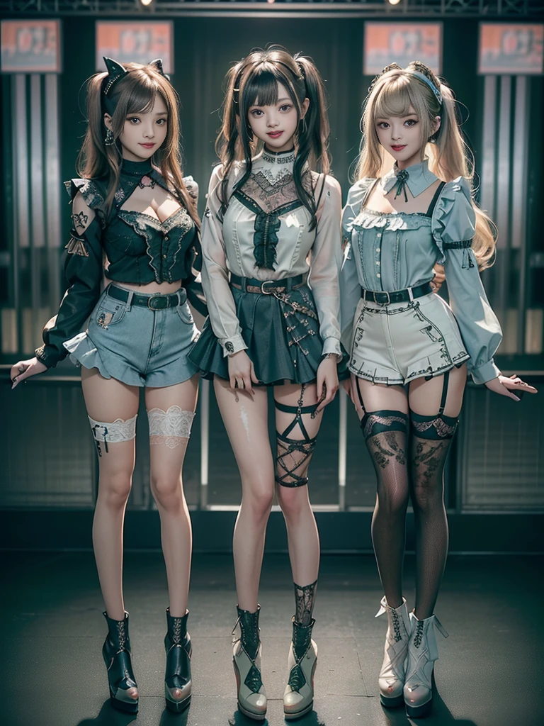 (Three Women,3 girls:1.5),(Side view:1.1)、(Beautiful skin, lips and nose:1.4)、(Smiling with teeth showing:1.3),(Fashion Model:1.5)、(Gothic Lolita delicately decorated battle uniform:1.5)、(Moss green off-shoulder hoodie:1.5)、(Black, silver and white shorts:1.4)、(denim garter belt:1.5)、(Black and camouflage knee socks:1.3)、(Skull Silver Accessories:1.5)、(Lace collar:1.3)、(Brown Skin Belt:1.4)、(Brown boots:1.2)、(????????? has polka dots:1.4)、23 years old、((Highest quality、In 8K、masterpiece:1.3))、Sharp focus:1.2、(Layered Cut、Huge ?????:1.1),Beautiful woman with perfect figure:1.4、(Dancing vigorously:1.3)、Slender Abs:1.2、Highly detailed face and skin texture、Detailed eyes、double eyelid,(Bob Hair:1.3)、(Black brown hair:1.3)、Gravure idol、(The background is a gorgeous fashion show:1.3)、(Slim Body:1.2),(Make your legs thinner:1.4),(clavicle:1.1)