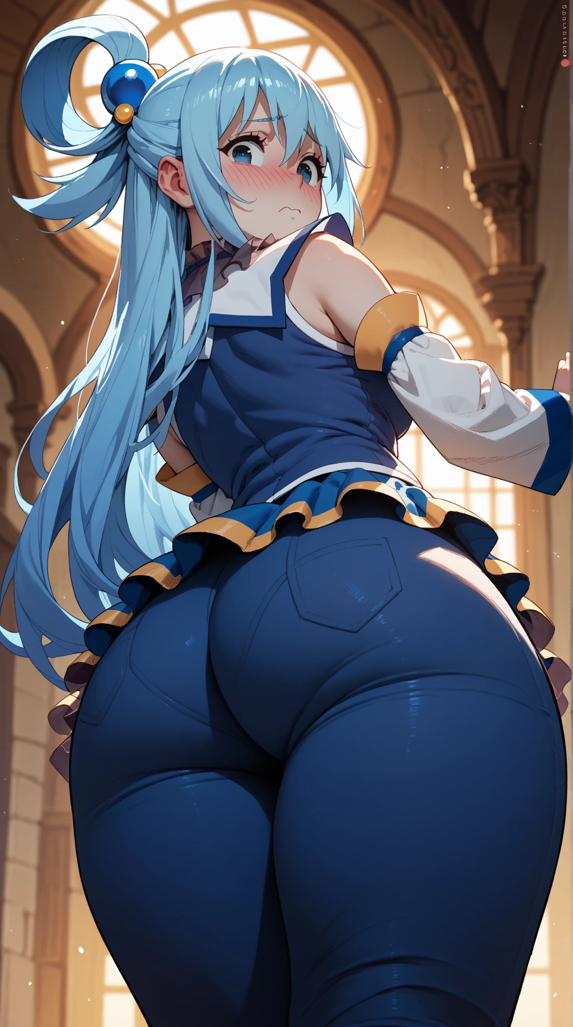 (extremely detailed fine touch:1.2), (natural light, sun light, light rays, dappled light, reflection, shadows, ray tracing:1.2),  mature female, hourglass body , Masterpiece, best quality, highly detailed , AquaKnsb-KJ , skirt , thighhighs, blue shirt , detached sleeves, thigh boots, bow , (smile , open mouth , blush:1.1) , outdoor , vegetation around, , support ass