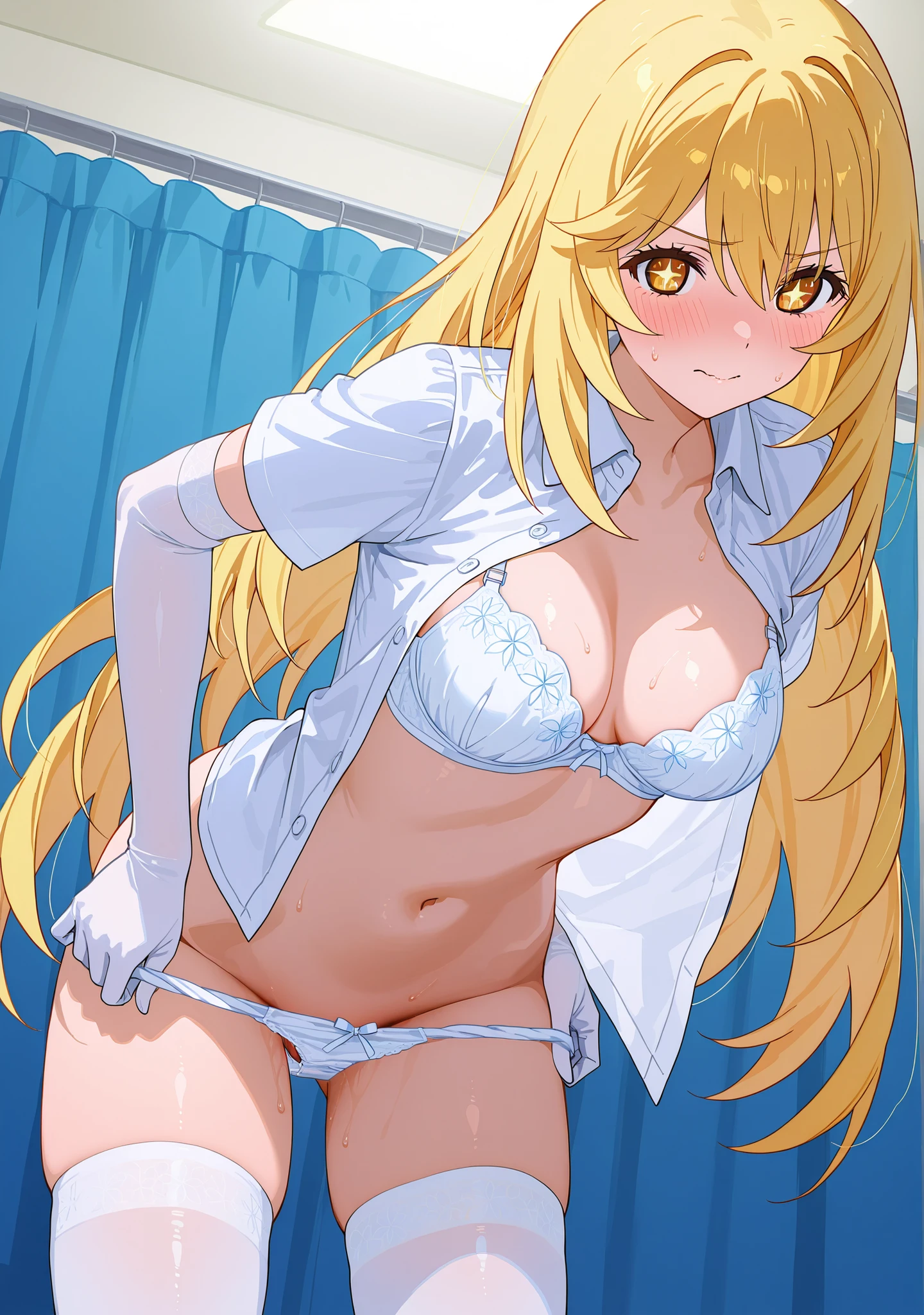 medium breasts、(((shokuhou misaki)))、standing、from below、embarrassed、arm gloves、white gloves、white thighhighs、white bra、white panties、standing、leaning forward、undressing panties、park、open shirt、white shirts