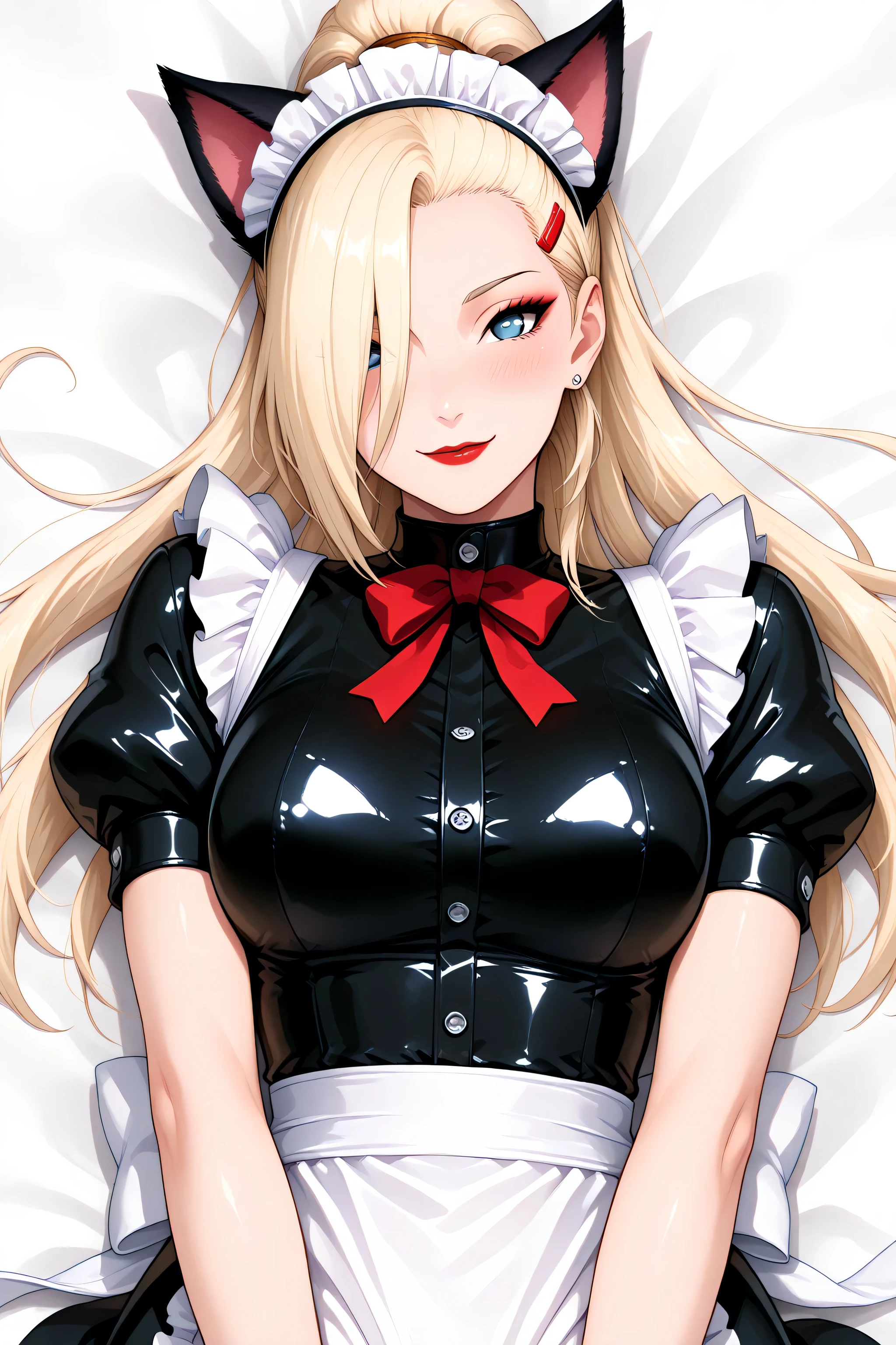 cat maid, animal ears, cat ears, cat tail, tail, apron, maid, maid headdress, black latex dress, latex white maid apron, frills, puffy short sleeves, white apron, bow, hair ornament, puffy sleeves, short sleeves, hairclip,  frilled apron, red nails, Ino Yamanaka, 1girl, solo, blonde hair, long hair, ponytail, hair over one eye, blue eyes, small earings, red hairclip, medium breasts,  red lipstick, eyelashes, makeup,  glossy lips, masterpiece, dakimakura, high resolution, blush,  looking at viewer, masterpiece, best quality, high quality facial features, perfect eyes,  facing directly, 4k , 8k , high resolution, Perfect body woman, Well proportionated Symmetrical body, hip dips, voluptuous body,  blue eyeshadown, horny, smiling, awaiting orders, 