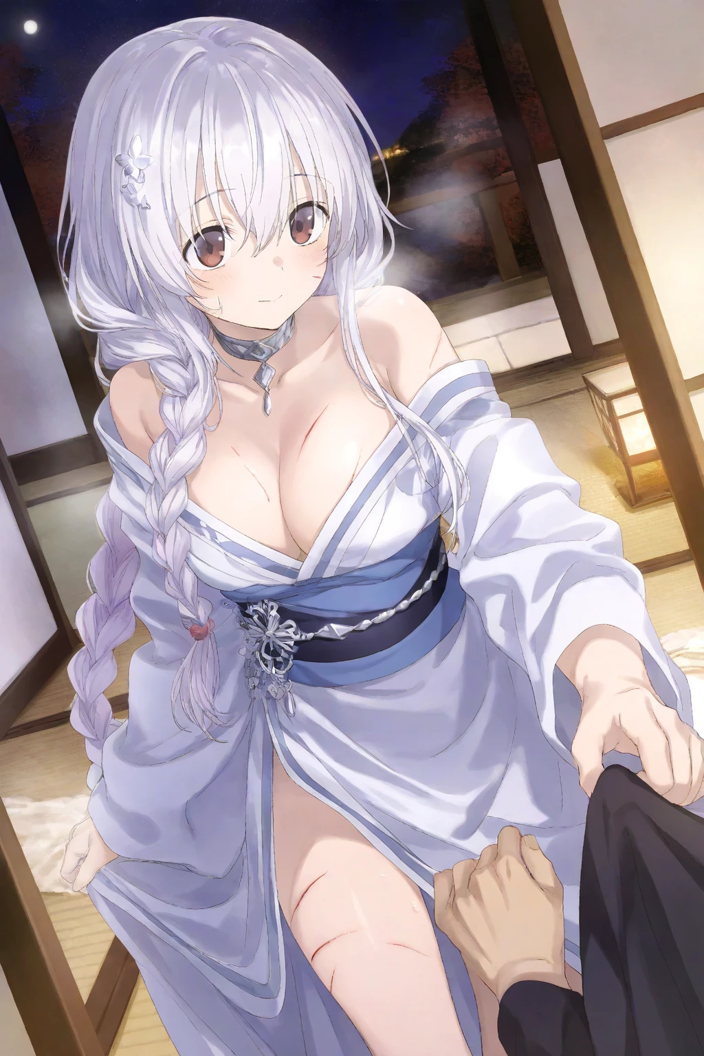 A girl crawls in a park at night，Clear sky in the background. Park benches and soft lighting, Rear photo, (Side photography), looking back at the viewer, (Masterpiece), ((Ultra-detailed)), (Highly detailed), (Expressionless), (Best quality: 1.2), 8K, hdr, A high resolution, absurderes: 1.2, Object perspective, Blurred background, Bokeh: 1.1, Lens flare, (vivd colour: 1.2), High quality texture, Detailed texture, High-quality lighting and shadows, a face with perfect proportion, full bodyesbian, Mature and excited body, Detailed skin texture, vibrant, pale and radiant skin, natural saggy ???????, gigantic ?????: 1.5, High waist, Narrow waist: 1.3, Wide ????, Full ????????, Detailed beautiful face, (PureErosFace_V1:1.3)(Ulzzang-6500:0.4) Detailed beautiful eyes, Symmetrical eyes, Perfect eyes, Seductive eyes, Beautiful nose, High nose, Clear blush, Detailed lips, Earrings, hoop earings, necklace, jewelry, Sapphire heart necklace, Silver-toned high-heeled sandals, Seductive expression, Smile, Perfect hands, Delicate and beautiful fingers, Detailed beautiful legs, photo-realistic hair, detailed hairs, (Silver dress, Red dress, Blue dress), Japan goddess, Long hair, Blonde hair, (Red eyes: 1.5), Hair ribbon, Bob cut, Red hair ribbon,)，????????????，japanese beautiful woman，Blush，