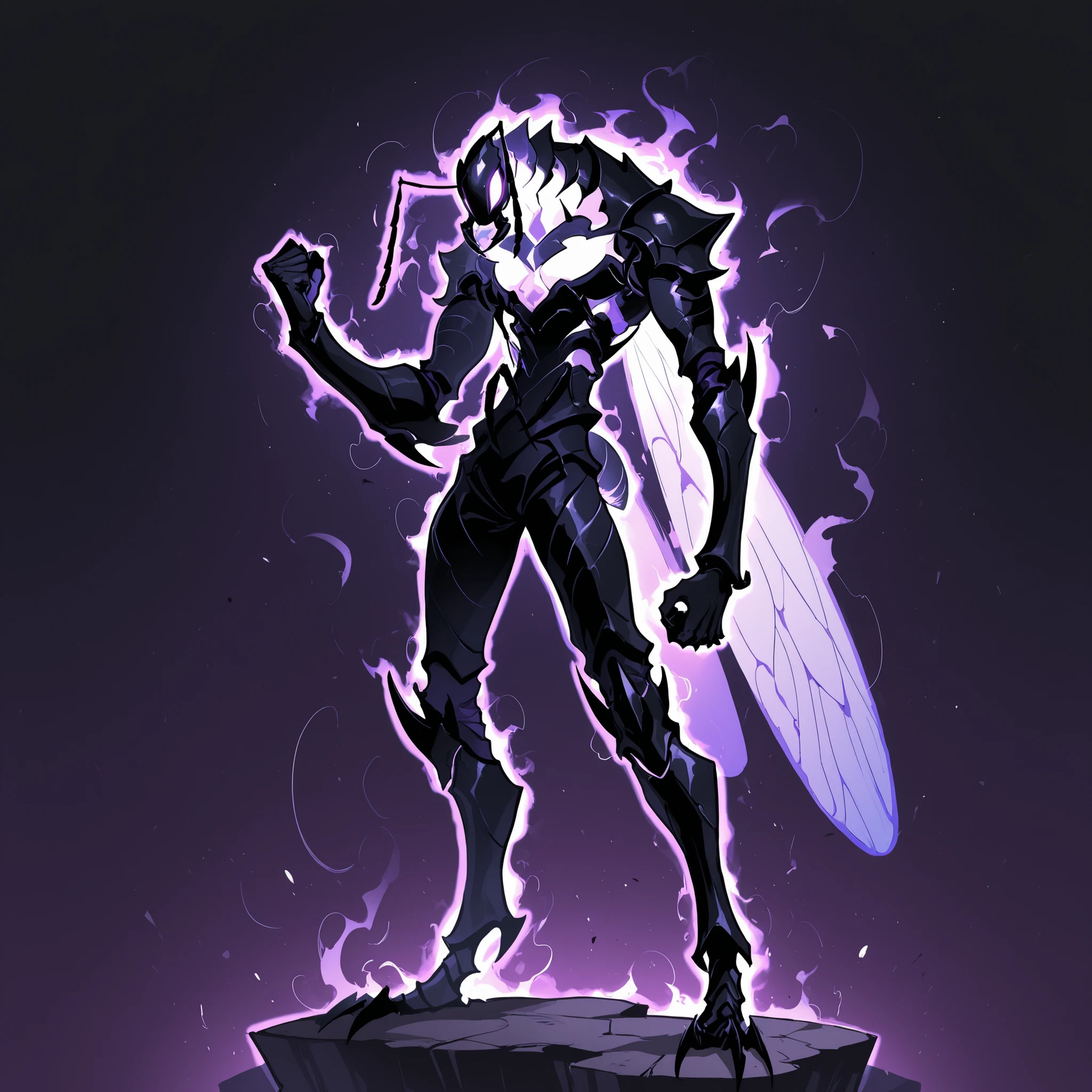 masterpiece, ultra-HD, impressionism, high detail, best quality, very aesthetic, 8K, best quality, beautiful, ultra-high resolution, 32K UHD, sharp focus, 1man, solo, akb, male, anthro insect, glowing purple eyes, antennae, insect wings, insect abdomen, ant abdomen, muscular, toned, defined, black skin, mandibles, ant mandibles, exoskeleton, armor, claws, glowing aura, serious, raised fist, standing, full body, looking at the viewer, simple background, profile view