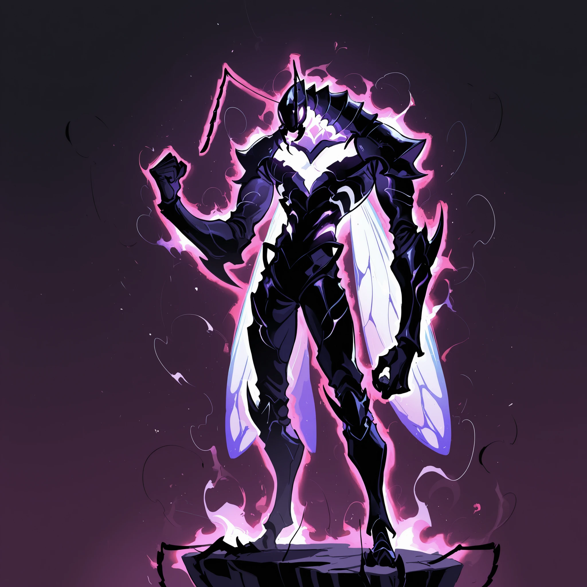 masterpiece, ultra-HD, impressionism, high detail, best quality, very aesthetic, 8K, best quality, beautiful, ultra-high resolution, 32K UHD, sharp focus, 1man, solo, akb, male, anthro insect, glowing purple eyes, antennae, insect wings, insect abdomen, ant abdomen, muscular, toned, defined, black skin, mandibles, ant mandibles, exoskeleton, armor, claws, glowing aura, serious, raised fist, standing, full body, looking at the viewer, simple background, profile view