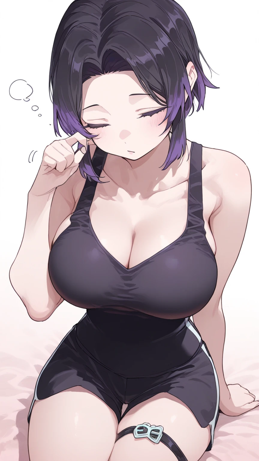 score_9, score_8_up, score_7_up, 1girl, mayanew, blue eyes, purple hair, short hair, hairclip, nose scar, eyebrow cut, large breasts, muscular female, 
blue sweater, long sleeves, ribbed sweater, off-shoulder sweater, black tank top under sweater, cleavage, collarbone,
looking at viewer, upper body, excited, blush, raised eyebrows, hands up, breasts squeezed together, floating hearts, leaning forward, pocky in mouth,
indoors, living room, side view,
<lora:Maya-NewStyle-Roadi3PDXL_V1-Manityro-CAME:1.0>,