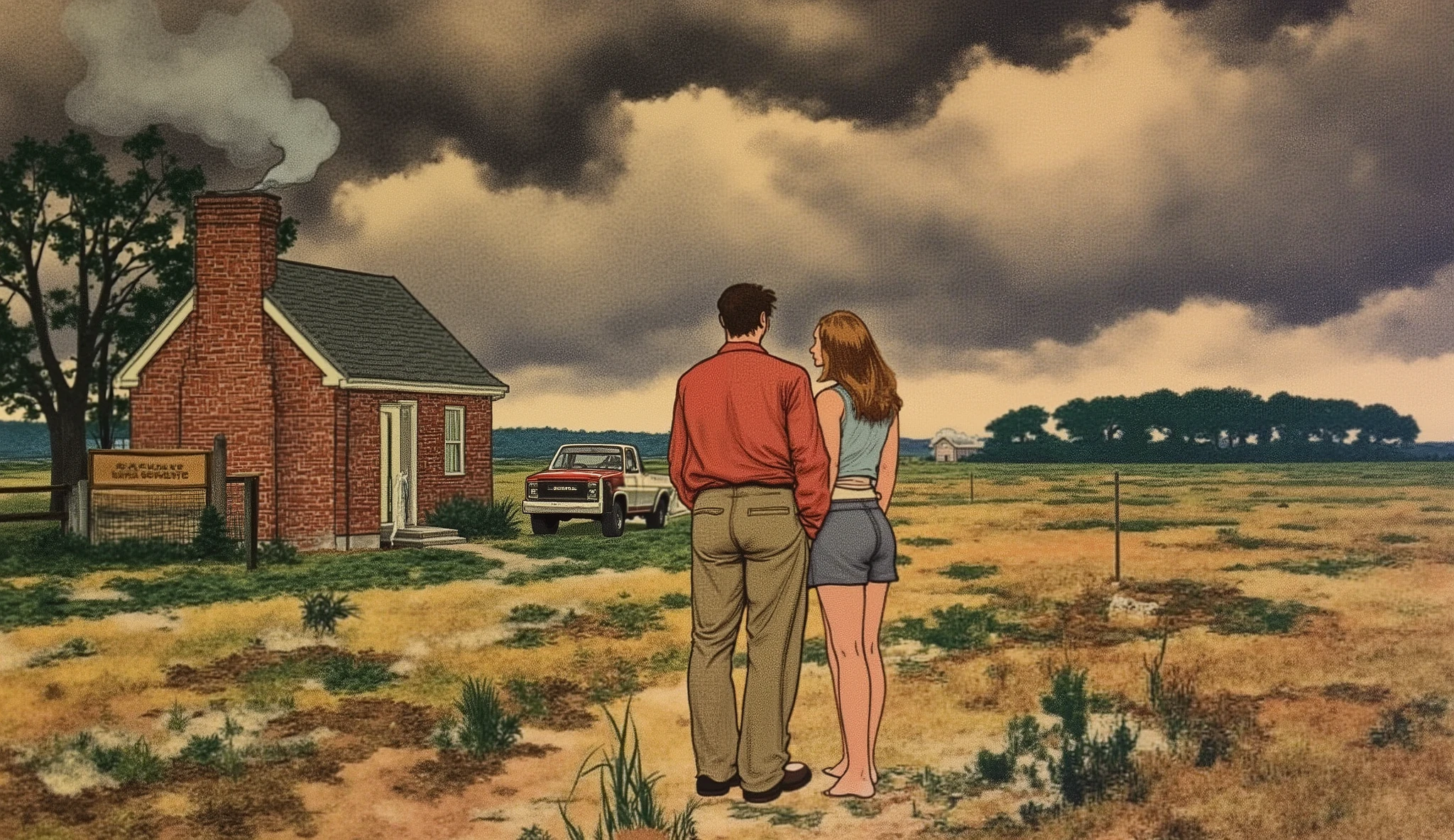 shippengreen1 illustration.
Two people, a man (dressed in khaki pants and red shirt) and a woman (dressed in miniskirt and tank top) , standing outdoors, looking out across the open fields. A small brick house is nearby with wisps of smoke coming from the chimney. There is a fenced in garden visible, and early 1990s Chevrolet pickup truck near the house.
The scene is set in a vast, open field under a dramatic, stormy sky. A tree-line is visible in the distance.