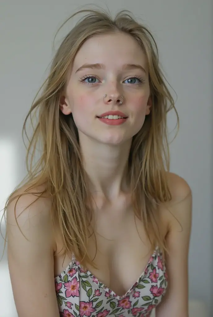 polaroid photo, night photo, photo of 12 yo pretty face, perfect face, cute, girl, Greek nose, pale skin, long blonde hair, blue eyes, bokeh, flashing, fully , happy, smiling, shaved pink ,