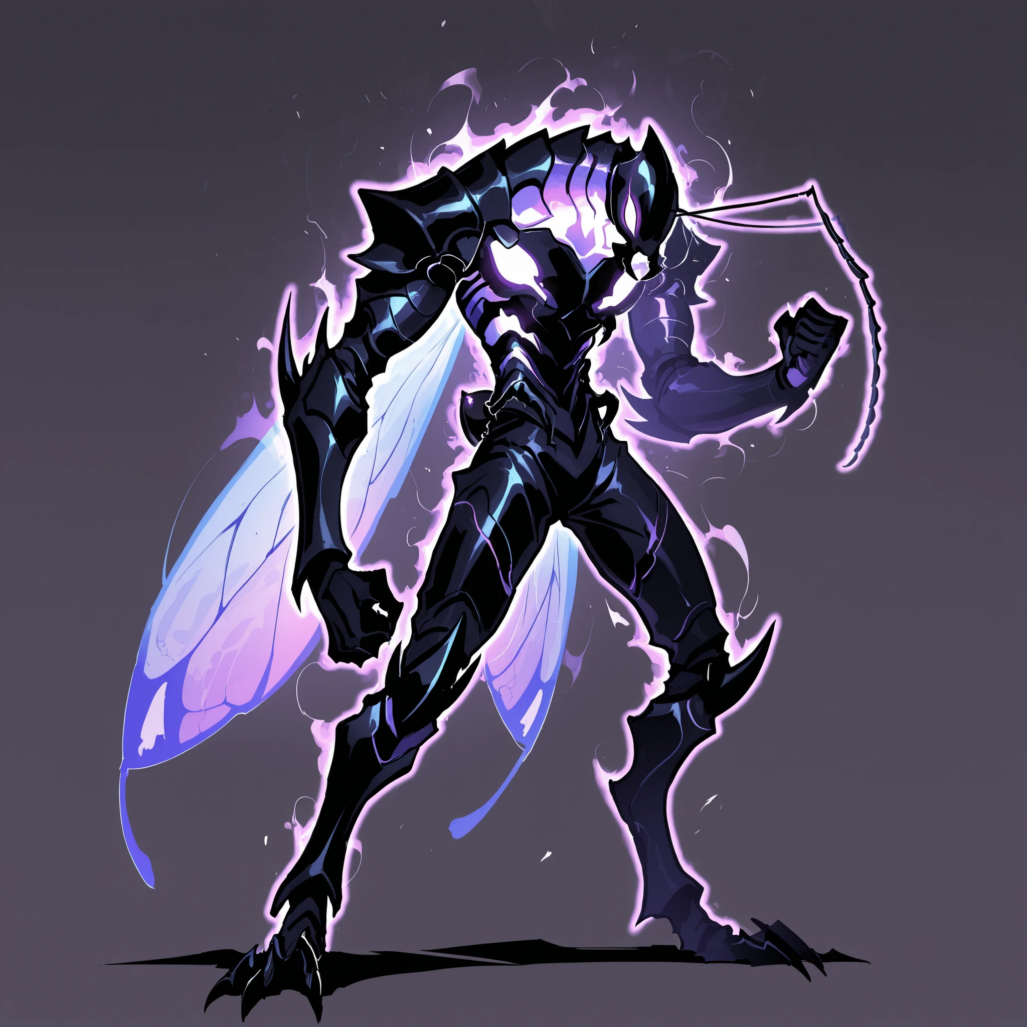 masterpiece, ultra-HD, impressionism, high detail, best quality, very aesthetic, 8K, best quality, beautiful, ultra-high resolution, 32K UHD, sharp focus, 1man, solo, akb, male, anthro insect, glowing purple eyes, antennae, insect wings, insect abdomen, ant abdomen, muscular, toned, defined, black skin, mandibles, ant mandibles, exoskeleton, armor, claws, glowing aura, serious, raised fist, standing, full body, looking at the viewer, simple background, profile view
