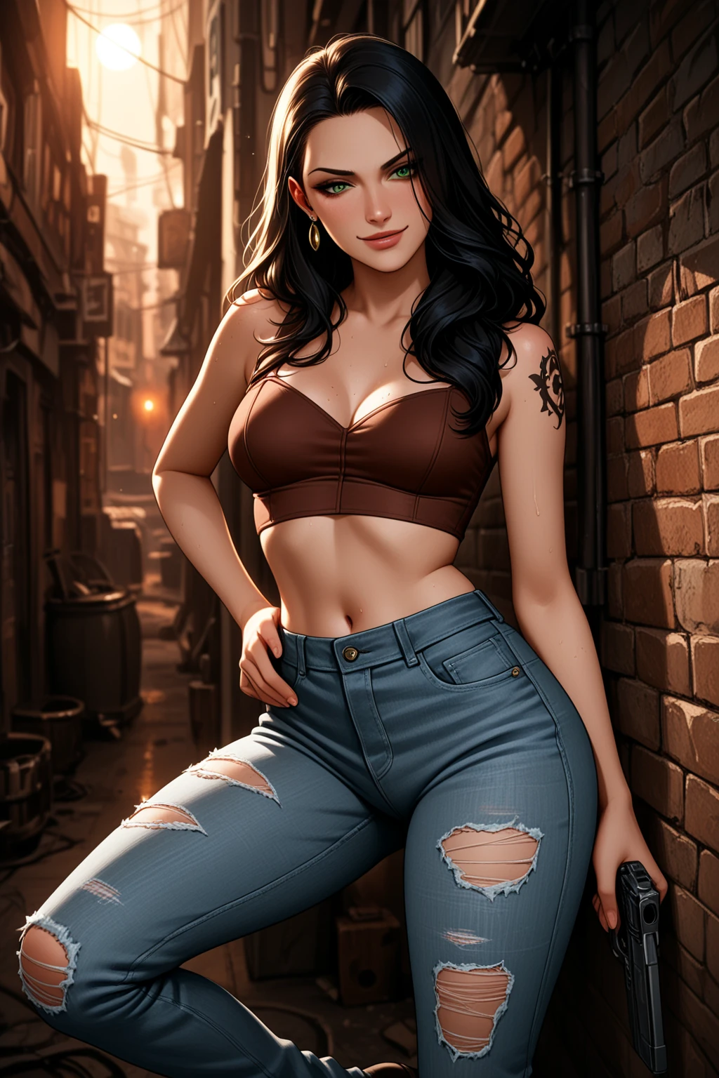 Masterpiece line art by Jim Lee,  of a young beautiful girl in ((ragged clothes)), 19 years old, perfect sexy body, perfect boobs, kneeling in a medieval village at sunrise, moosig, Nebel, neblig, Schatten, Nebelerious, Mithical, dunkel, Lichtstrahlen scheinen durch den Wald, Ambiente, Depth of field, Volumetrische Beleuchtung, Filmische Beleuchtung, launisch, heavy dunkelness, Schwarzer Himmel, Perspektive mit niedrigem Winkel, inspiriert von Vincent van Gogh