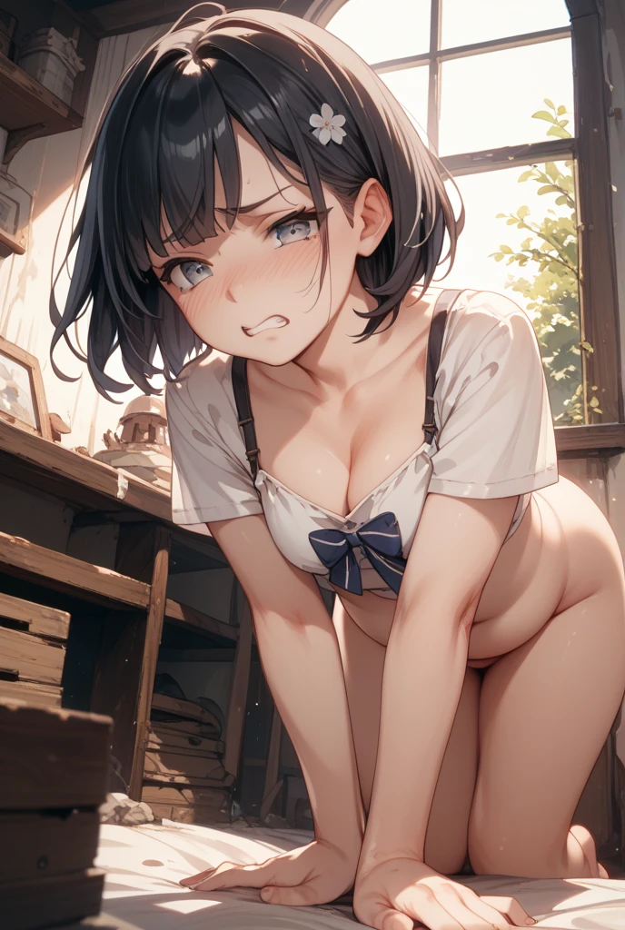 Short black hair Adult female　Dog Ears　Dark blue colored eyes　Flat chest　Completely ,  at all　She is squatting and  wide open for us to see.　Location is a school　smile　