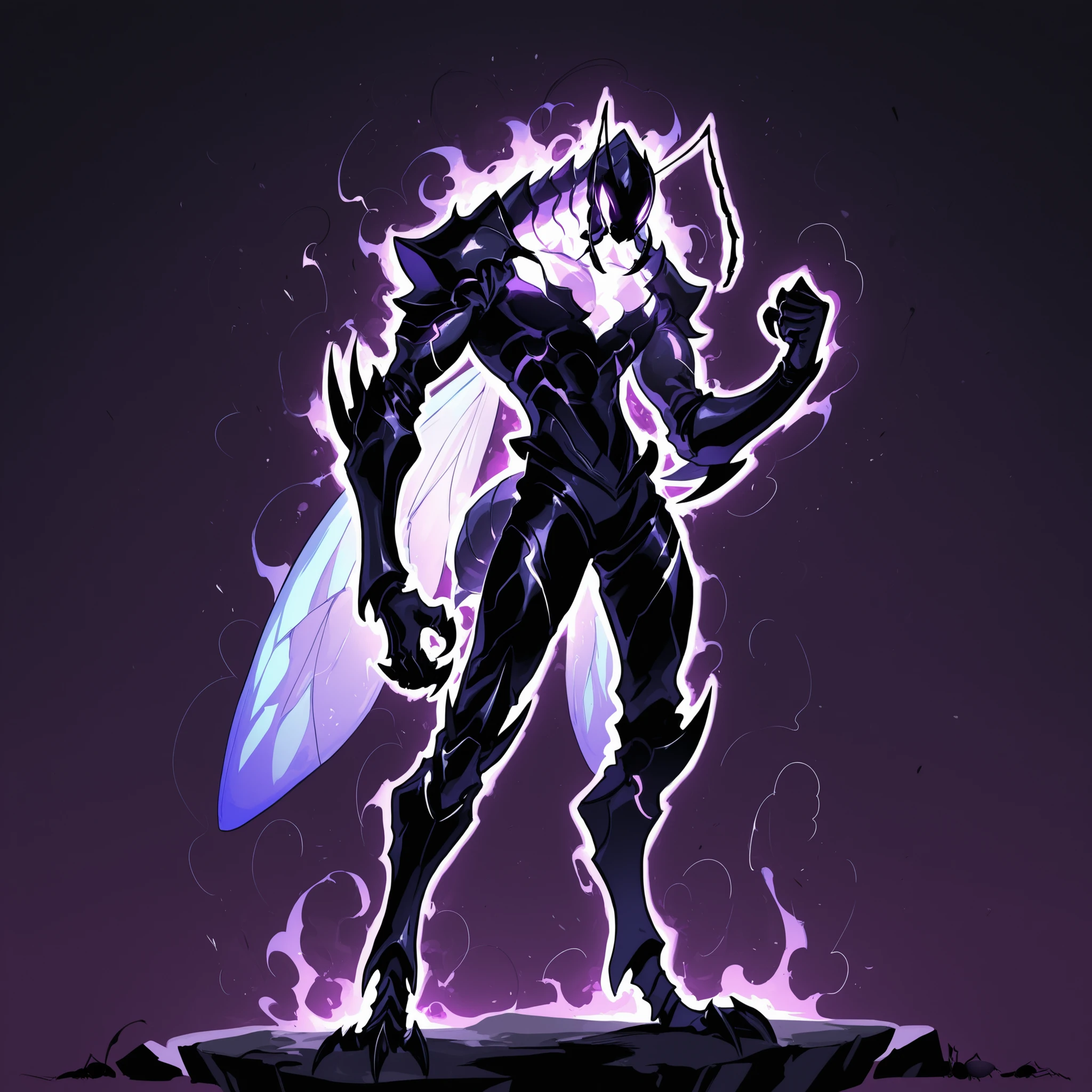 masterpiece, ultra-HD, impressionism, high detail, best quality, very aesthetic, 8K, best quality, beautiful, ultra-high resolution, 32K UHD, sharp focus, 1man, solo, akb, male, anthro insect, glowing purple eyes, antennae, insect wings, insect abdomen, ant abdomen, muscular, toned, defined, black skin, mandibles, ant mandibles, exoskeleton, armor, claws, glowing aura, serious, raised fist, standing, full body, looking at the viewer, simple background, profile view