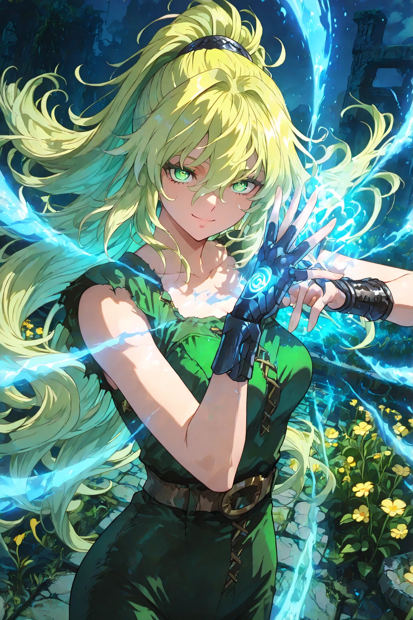 748cmstyle, full figure, Spiral blue energy, ((very fine perfect hands con only five fingers for hand)), trait, anime, Young The Last Heir of Ancient family.
You are the last heir of a special ability or legacy—how will you use it, uses her powers for justice, in a lost and desolate land without rules with some ruins of a past civilisation, Her give life at plants and flowers, pose dynamic intense nice anime lightgreen eyes, very long long ponytail blonde hair , smile , dynamic pose, dynamic angle, outdoor in wastseland.