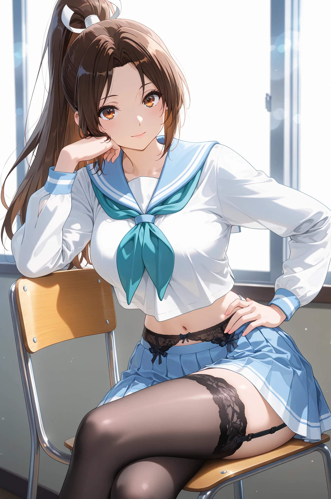 high detal，high high quality，tmasterpiece，（little breast）），Impatient pet pose，School Classroom，legs are open，big breasts  cleavage，Open navel