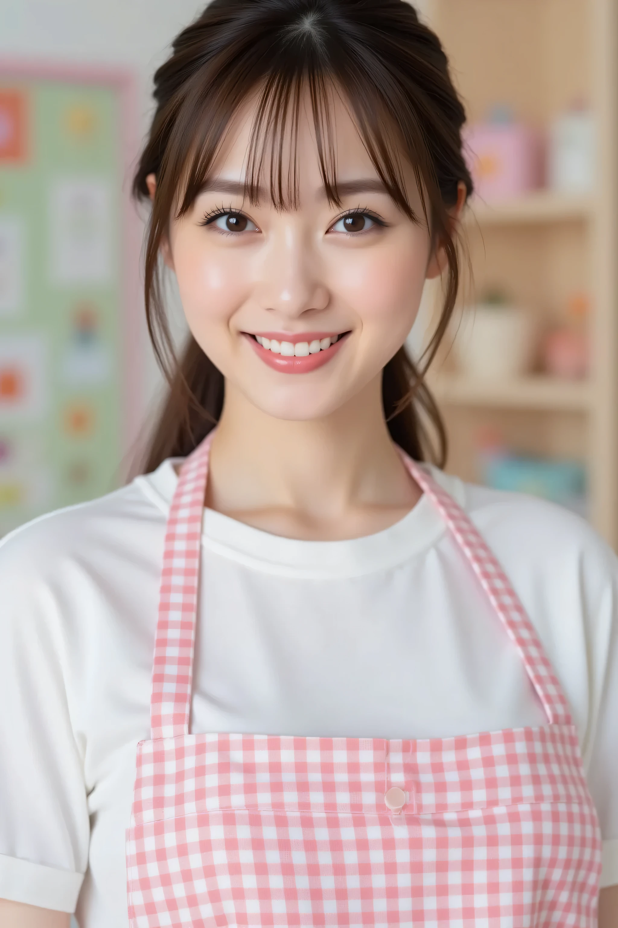(and above、best masterpiece、8k、best image quality、winning works)、(Beautiful 30 year old female nursery teacher:1.1)、  (big boobs:1.4)、(accentuates body line:1.2)、(bow holding {x} face close-up:1.1)、(Long ponytail tied at a low position on the back of the head:1.3)、dark hair、(cute white and pink checkered plaid apron:1.3)、white t-shirt、standing gracefully、Modest Light Makeup、 ultra high definition hair、Ultra High Resolution Glowing Eyes、Ultra High Resolution Gloss Slip、accurate anatomy、(Colorful Nursery Playroom Background:1.2)、Smile、(Close up of a standing face:1.2)