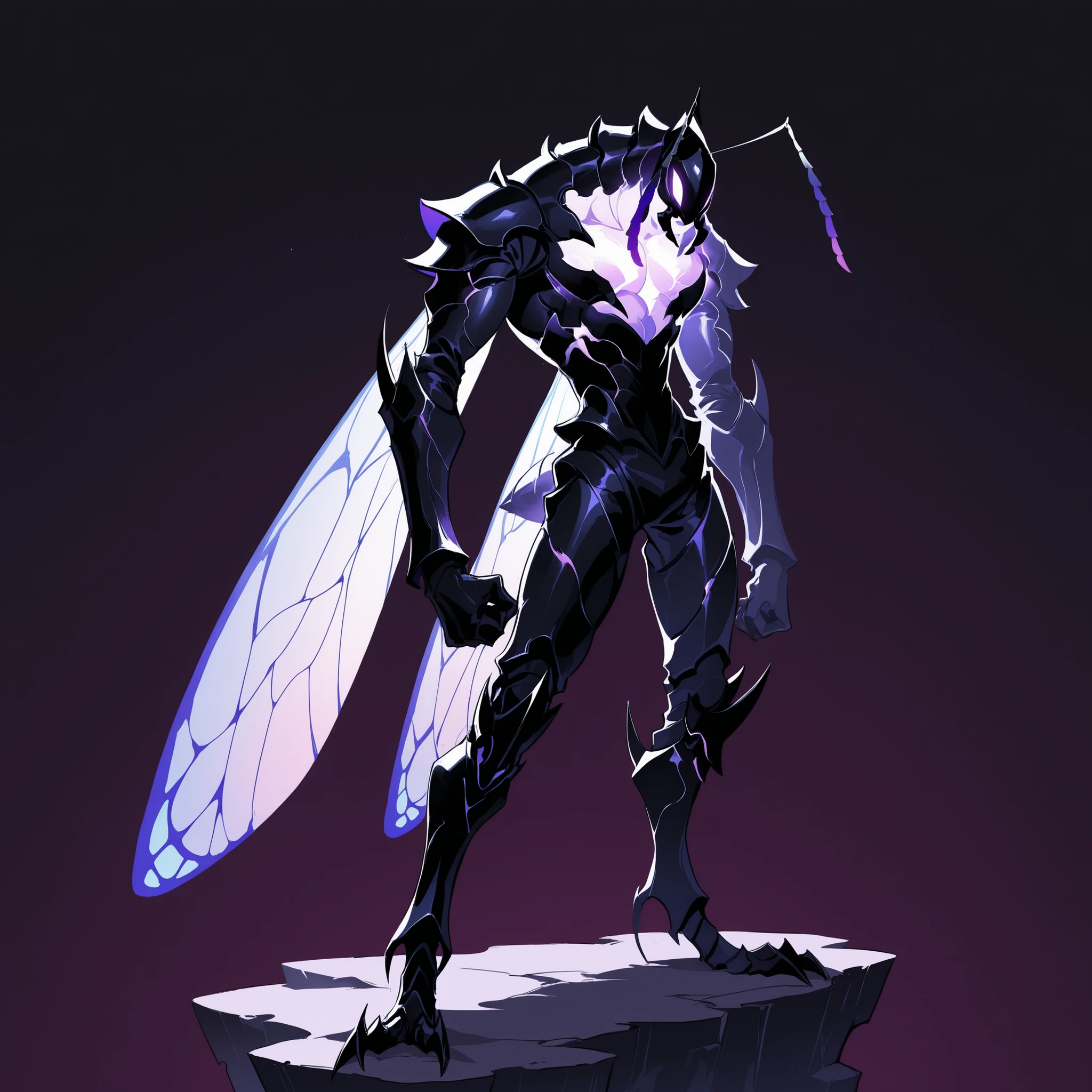 masterpiece, ultra-HD, impressionism, high detail, best quality, very aesthetic, 8K, best quality, beautiful, ultra-high resolution, 32K UHD, sharp focus, 1man, solo, akb, male, anthro insect, glowing purple eyes, antennae, insect wings, insect abdomen, ant abdomen, muscular, toned, defined, black skin, mandibles, ant mandibles, exoskeleton, armor, claws, serious, raised fist, standing, full body, looking at the viewer, simple background, profile view