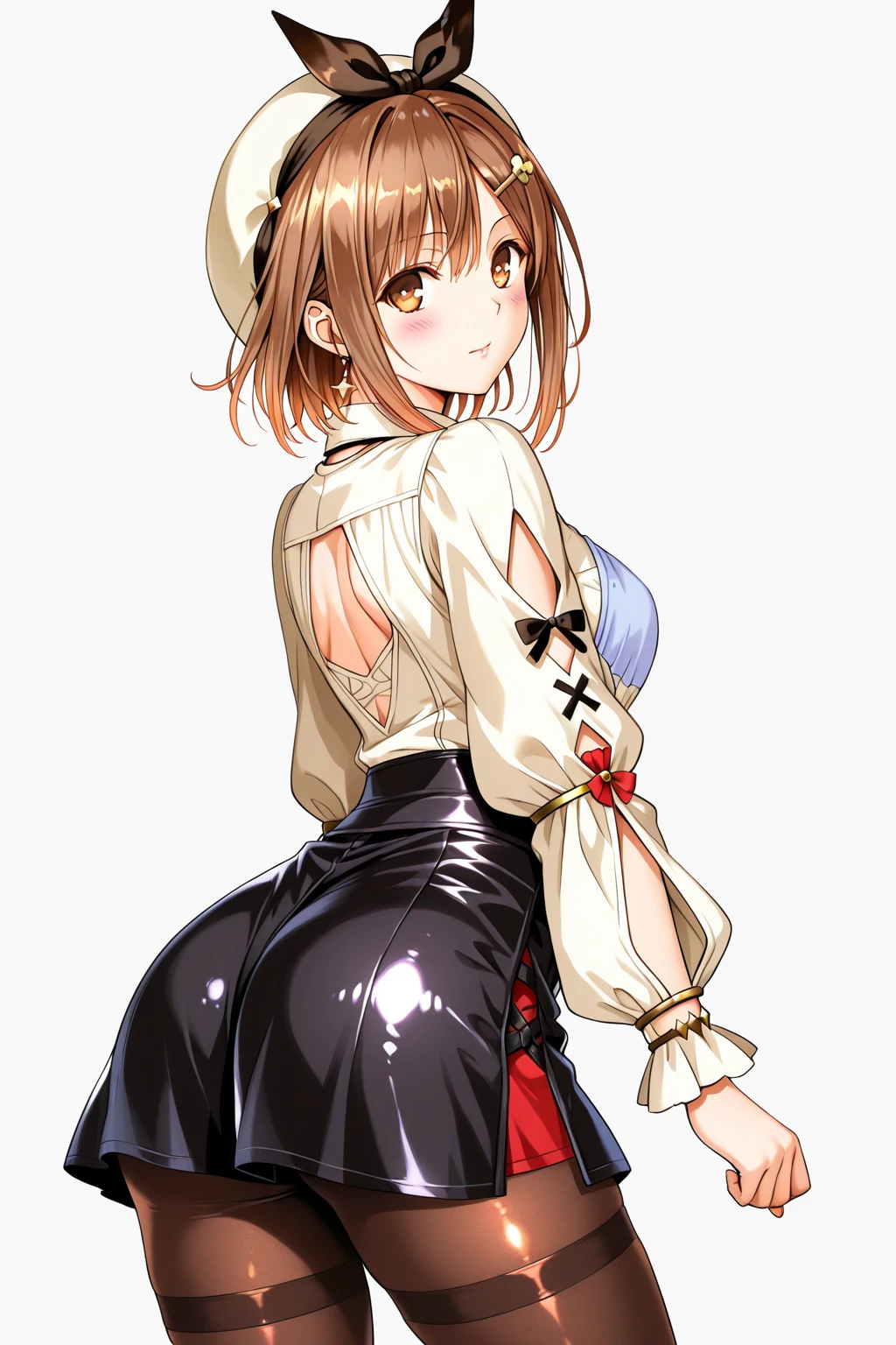 score_9, score_8_up, score_7_up, source_anime BREAK 1girl, Moemi, solo, female focus, short hair, brown hair, hairclip, green eyes, looking at viewer, blush, smile, standing, small breasts, sideboob, hidden hands, maid, maid headdress, bow, thighhighs, red skirt, frills, miniskirt, ass, ass focus, panties, gluteal fold, <lora:Kanzaki_Moemi_Ryoujoku_Famiresu_Choukyou_Menu_for_Pony:1>, rating_questionable