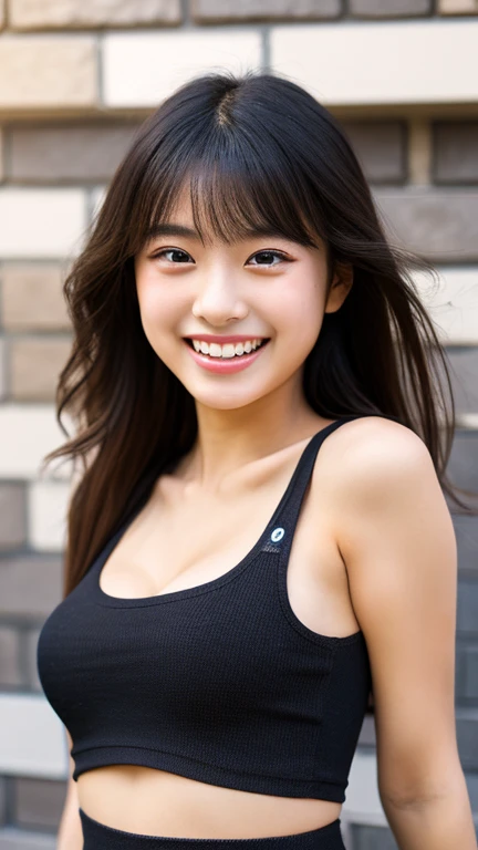 a gorgeous lady, age 21, white T-shirt and red , dimpled smile, short ponytail hair, natural pose, photorealistic, beautiful detailed eyes, ample round , hyper-realism, high contrast, ultra HD, realistic skin textures, top image quality, top-quality, super high resolution, fine details, very meticulously, simple yellow background