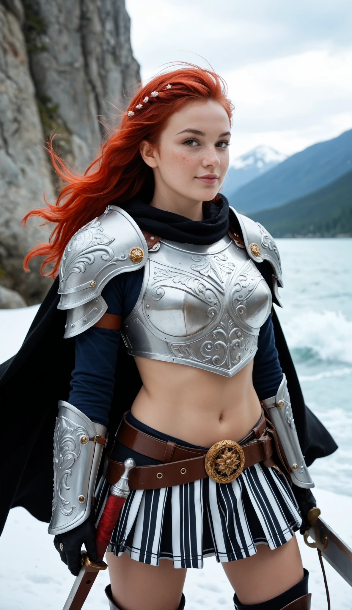 The 18-year-old has a strong and mesmerizing presence, typical of a legendary Nordic warrior.

Appearance

She has long, vibrant red hair, falling in loose waves over her shoulders and contrasting with the icy background. Her fair skin is naturally illuminated, and delicate freckles adorn her face, giving her a soft charm without detracting from the imposing nature of her expression.

Her eyes are clear and intense.

Armor and Clothing

Her armor is richly detailed:

a breastplate with a low-cut neckline revealing her midriff, made of carved metal, with arabesques and curved patterns typical of Nordic blacksmiths.

It fits her body perfectly, highlighting the shape of her pointed breasts while still conveying strength and protection.

The shine of the metal highlights each curve of the handcrafted carving.

Leather-striped skirt and accessories

(She wears a brown leather-striped skirt with side slits that reveal half of her swollen vulva, providing mobility and enhancing her sensual posture).

A thick leather belt with rustic buckles holds the garment firmly in place.

Cape

A fur-lined cape rests on her shoulders, symbolizing protection against the mountain cold and also a status of leadership or bravery.

Weapon

In her hand, she holds a Nordic dagger, with a short, sharp blade and ornate handle—simple yet efficient, like the weapons used in quick battles.

Natural sensuality, arising from the combination of strength and her perfect body, confidence, and beauty. The contrast between the robust armor and exposed skin creates a bold look, typical of epic fantasy characters. Her firm posture, direct gaze, and striking presence complete this captivating aura.