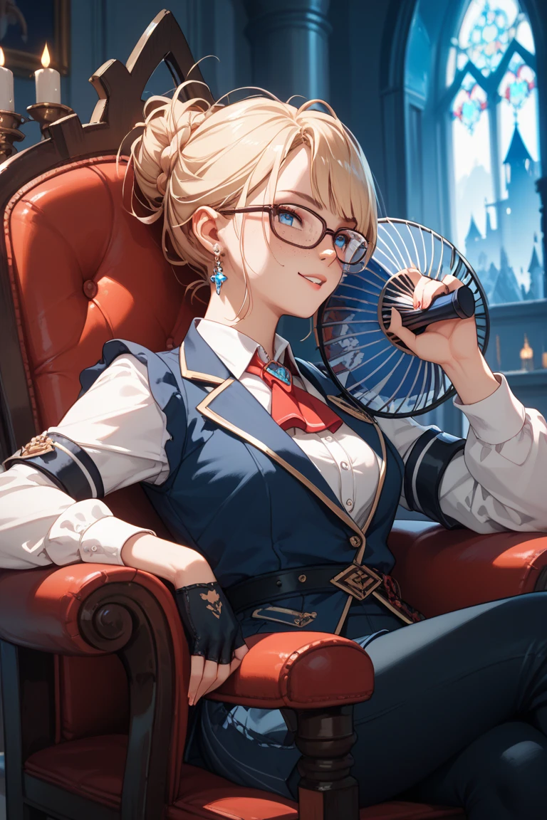 (The highest image quality, master piece:1.2), (Ultra Definition Illustration), (very beautiful matured queen:1.3), (1 girl:1.2), Solo, (shoot from very below:1.3) ,(condescending look:1.3), (sleeveless gorgeous queen blue dress with roses:1.3), sitting on the throne chair, queen crown, Full body, Round baby face, (Glasses, Blonde Short-Cut Hair), (white thigh high pantyhose:1.2), (Evil smile, mean face, Mesugaki smile), Luxurious palace rooms, Fancy Room, RPG Royale,