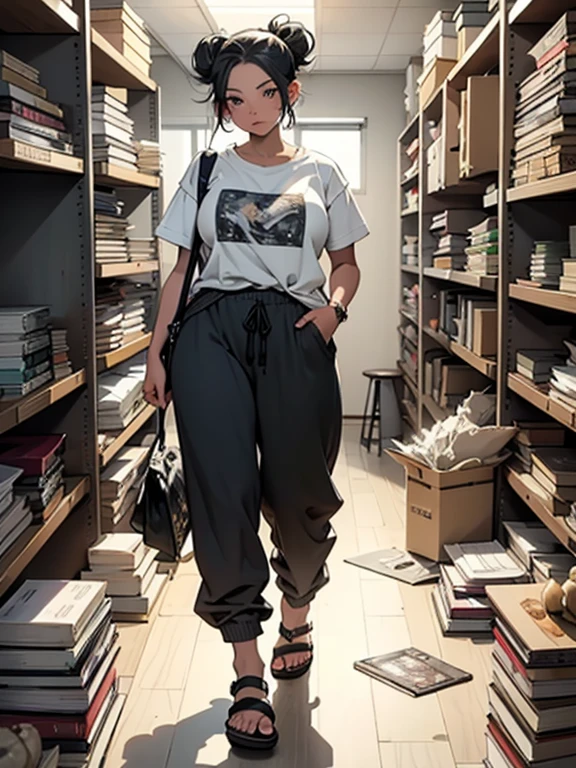 1 girl, long hair, braided hair, baggy pants, Moe sleeves, barefoot, Room wear, indoor