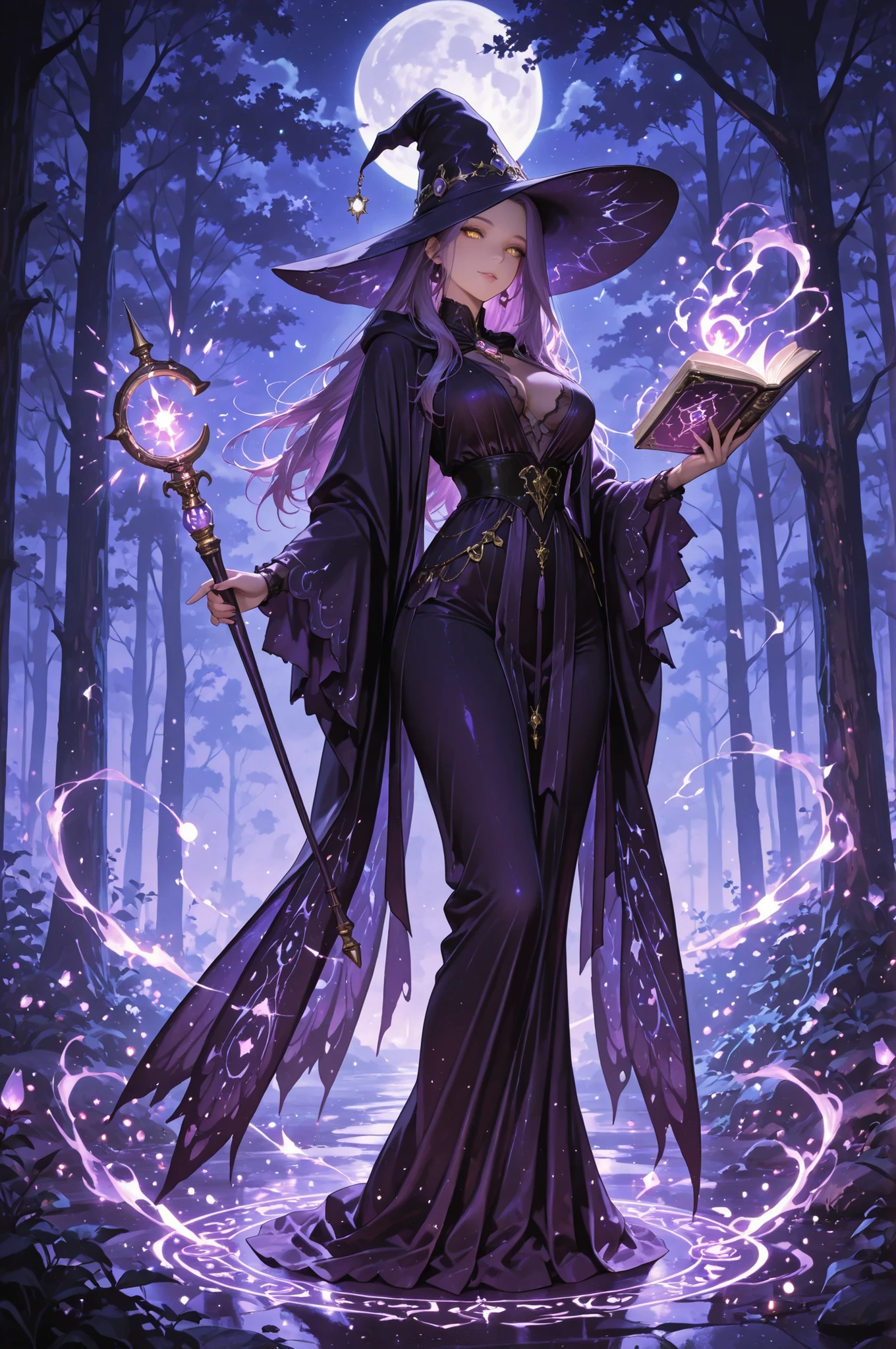 and above, masterpiece, 8K Wallpaper, The Last Heir to the Magic Book, mature witch, purple long hair, golden eyes, Elegant Black and Purple Dress, magic wand, The Old Book of Magic, Magical Forest, On a full moon night, Mysterious Fog, Magical Light, Fairy Light, amazing vibe, Magical Aura, detailed background, Magical Ritual, Mysterious Appearance , accurate depiction