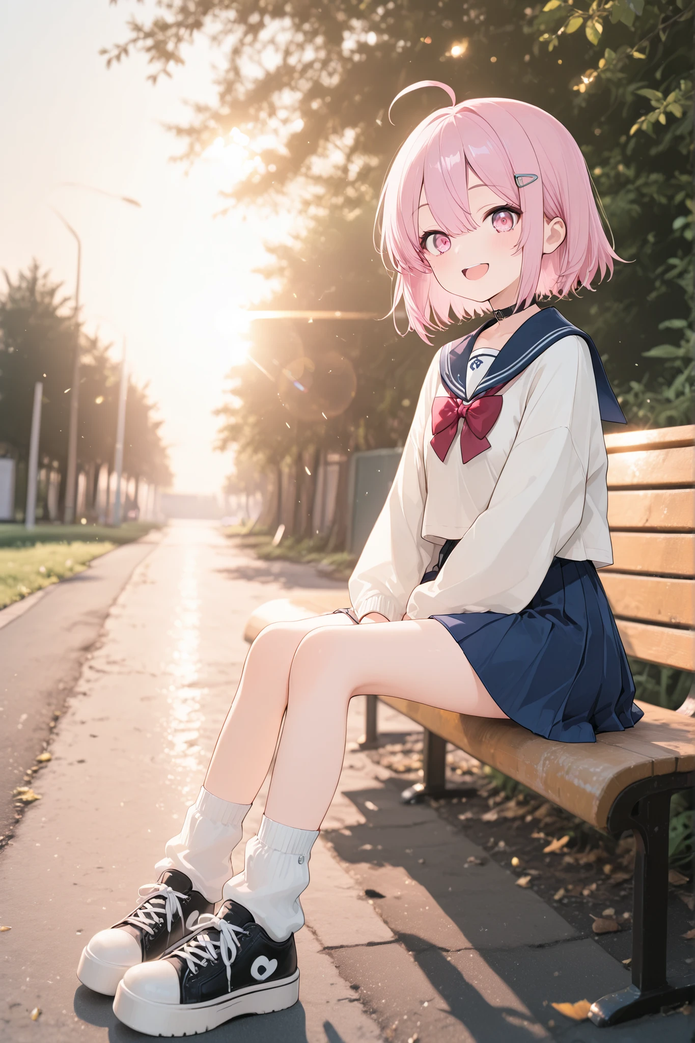 ,masterpiece,best quality,amazing quality,very aesthetic,absurdres,newest, real background, photo background, 1girl, (young girl:1.1) petite body, slender, medium breast, short hair, hime cut, bangs, pink hair, hair between eyes, hair clip, ahoge, soft pink eyes, white pupil, black choker, beautiful, cute girl, adorable, serafuku, sailor collar, blue collar, red bowtie, white sweatshirt, oversize sweatshirt, blue skirt, pleated skirt, white leg warmers, chunky sneakers, black footweaf, platform shoes, white platform, portrait, sitting, bench, very happy, outdoors, summer, park, golden hour, bloom, ambient oclussion, blurry backround, depth of field, looking at viewer, ray tracing, realistic shadows, god rays, dust particles, (saturation:1.0), (contrast:0.3), (brightness:-0.5), warm lightning, lens flare