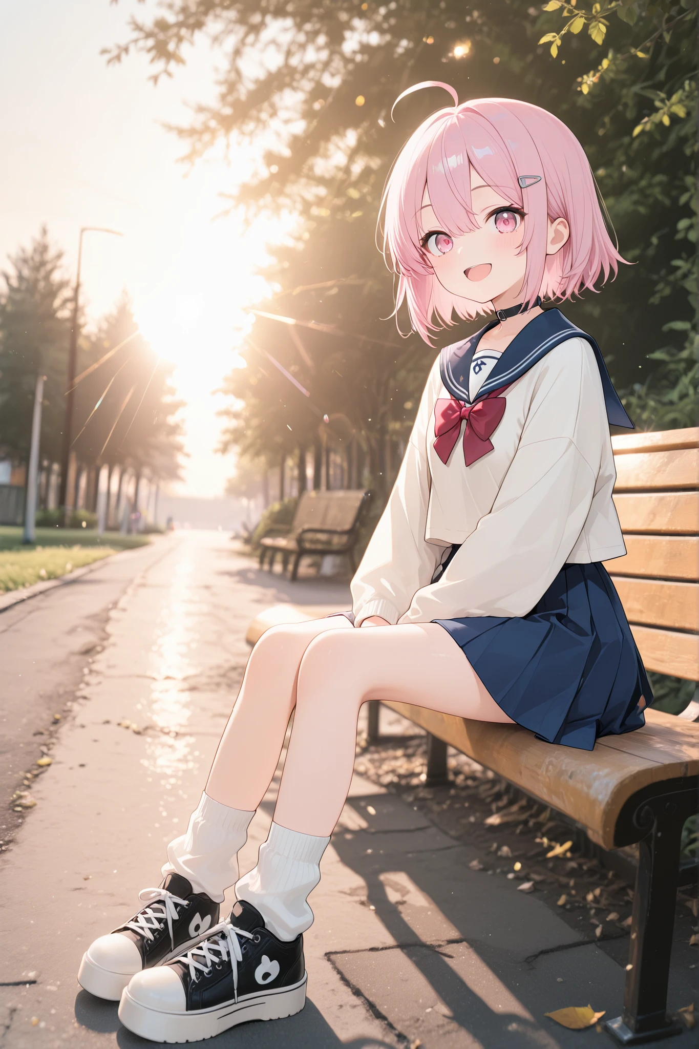 ,masterpiece,best quality,amazing quality,very aesthetic,absurdres,newest, real background, photo background, 1girl, (young girl:1.1) petite body, slender, medium breast, short hair, hime cut, bangs, pink hair, hair between eyes, hair clip, ahoge, soft pink eyes, white pupil, black choker, beautiful, cute girl, adorable, serafuku, sailor collar, blue collar, red bowtie, white sweatshirt, oversize sweatshirt, blue skirt, pleated skirt, white leg warmers, chunky sneakers, black footweaf, platform shoes, white platform, portrait, sitting, bench, very happy, outdoors, summer, park, golden hour, bloom, ambient oclussion, blurry backround, depth of field, looking at viewer, ray tracing, realistic shadows, god rays, dust particles, (saturation:1.0), (contrast:0.3), (brightness:-0.3), warm lightning, lens flare