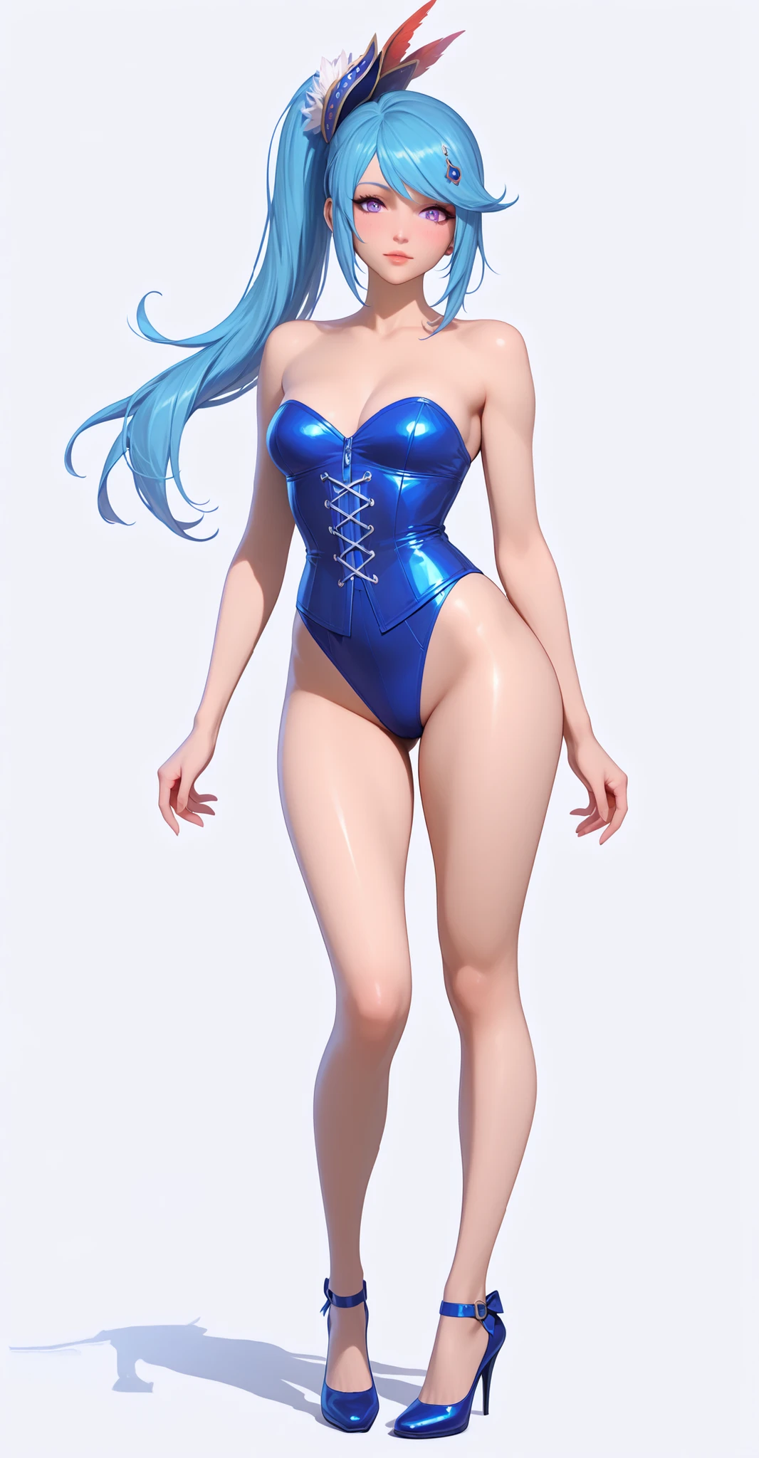 Lana Hyrule Warriors, ponytail, blue hair, purple eyes, completely white background, with perfect legs,full body, looking at viewer,long legs,Outdoor seaside,High heel,showing her beautiful legs, (((only blue corset))), (((hot legs))), (((without extra clothes, only blue corset))),
