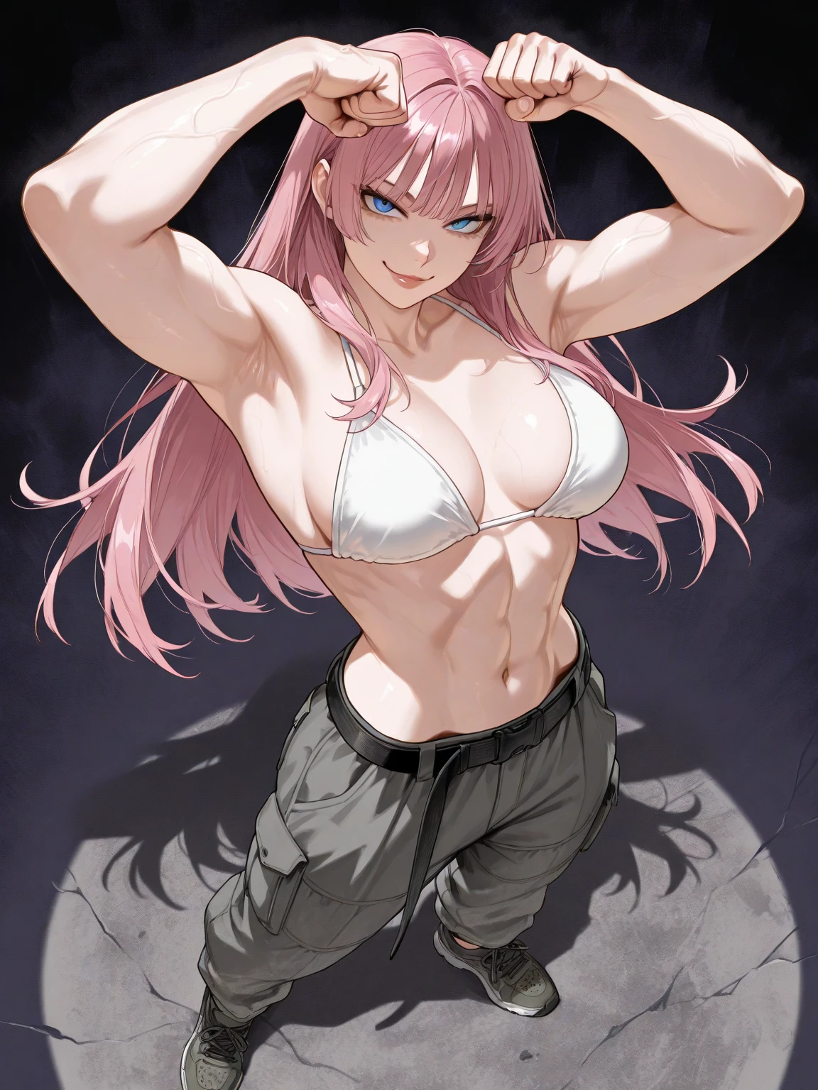 1 girl, (medium breasts))), (((wearing short bikini))), (long pink hair), (((blue eyes))), slim arms, (on the beach at night with starry sky and full moon blood), (thin waist), (((muscular legs))), muscular belly,  feet, (((showing her buttocks to me))), (full body photo), (twintails), long eyes, reflection eyepiece, bad mood, anime, anime style, ray tracing, glow, drop shadow, panorama, Sony FE, 8k, UDisk, masterpiece, accurate, anatomically correct, Super Detail, best quality, ultra high resolution, UDisk hard, 16k