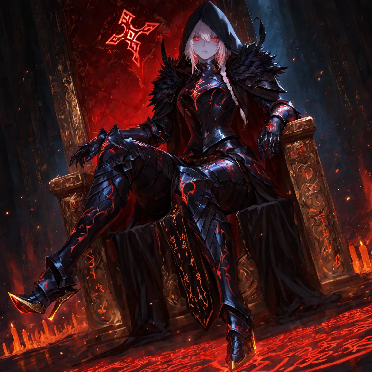 lazypos, D4rkl1nes, Sylvanas WinRunner, a  dark elf, black chain armor with intricate embroidered details,  and pronounced curves, hoodie, supernatural glowing eyes, Sensual pose leaning against a throne, Lower profile, seen from below.