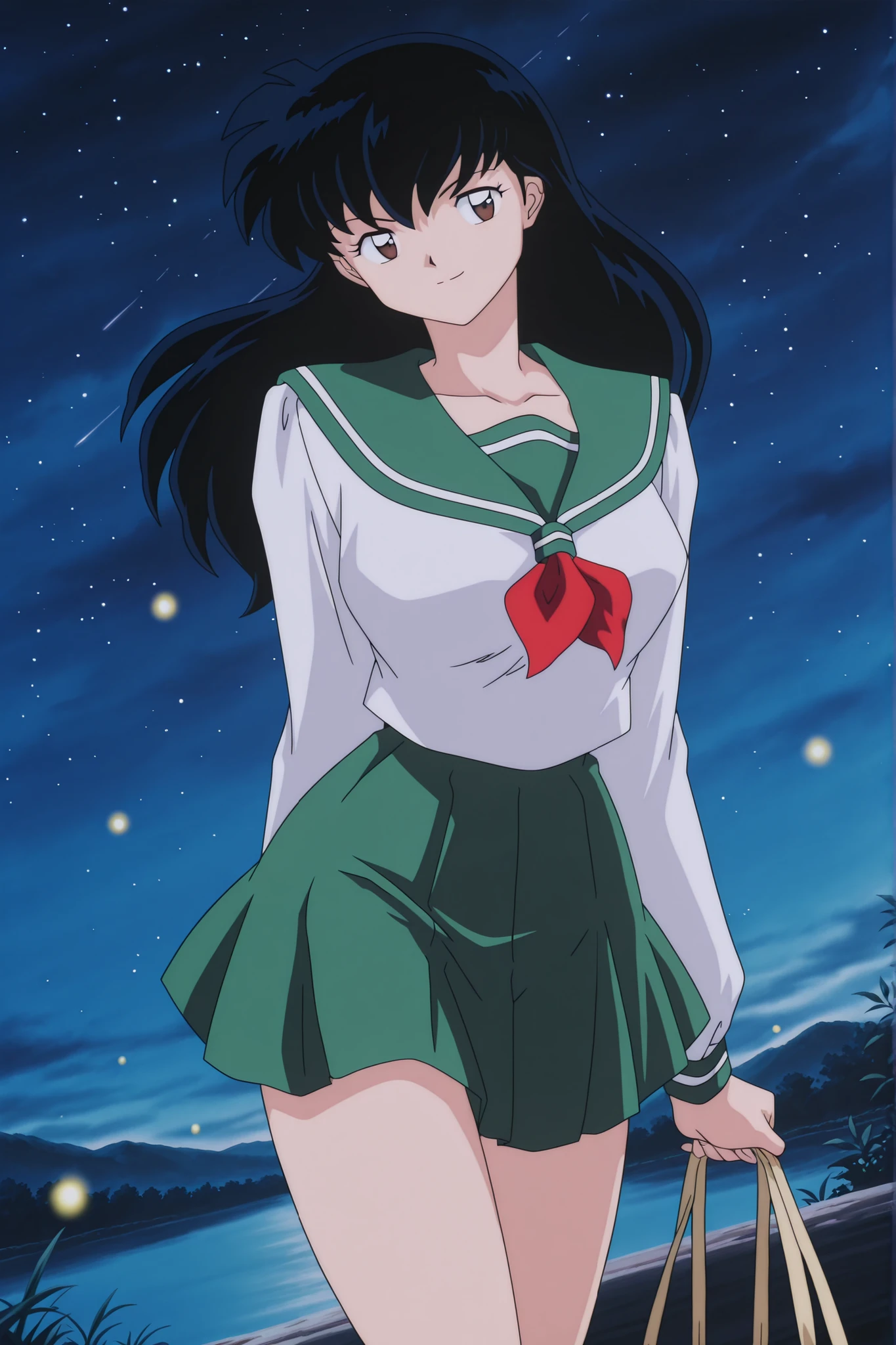 Higurashi kagome \(inuyasha\), solo, sexy curvy body, masterpiece, 16K resolution, perfect anatomy, seductive pose, erotic, attention to detail, (dynamic angle), detailed background, under night sky, falling stars, beautiful night sky on bank of the river, fireflies roaming on flowers, (anime screencap), wearing her own clothes, , , , teasing the viewer, , nsfw ,official style,Higurashi kagome (2000s anime analog),retro artstyle, black hair , brown eyes , uniform , long sleeve , , green skirt , red neckerchief,kagomeillustrious, long hair, black hair, brown eyes, school uniform, serafuku, green sailor collar, red neckerchief, sailor collar, neckerchief, long sleeves, green skirt, anime coloring, anime screenshot, retro artstyle ,