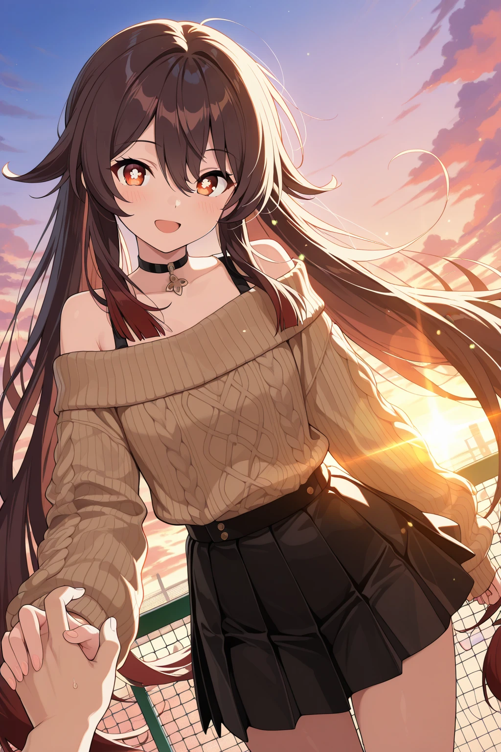 best quality, masterpiece, highres, solo, 
{kaneshiya_shitara_alicegearaegisexpansion:1.15}, long hair, brown hair, green eyes, Gigantic Breasts, Hair blowing in the wind, BREAK, 
bangs, Thighs, Cleavage,   BREAK,
Black tank top, Crop top, Frilled Skirt, 
(smile, wave hand, Brushing her hair back, BREAK), 
Abstract background