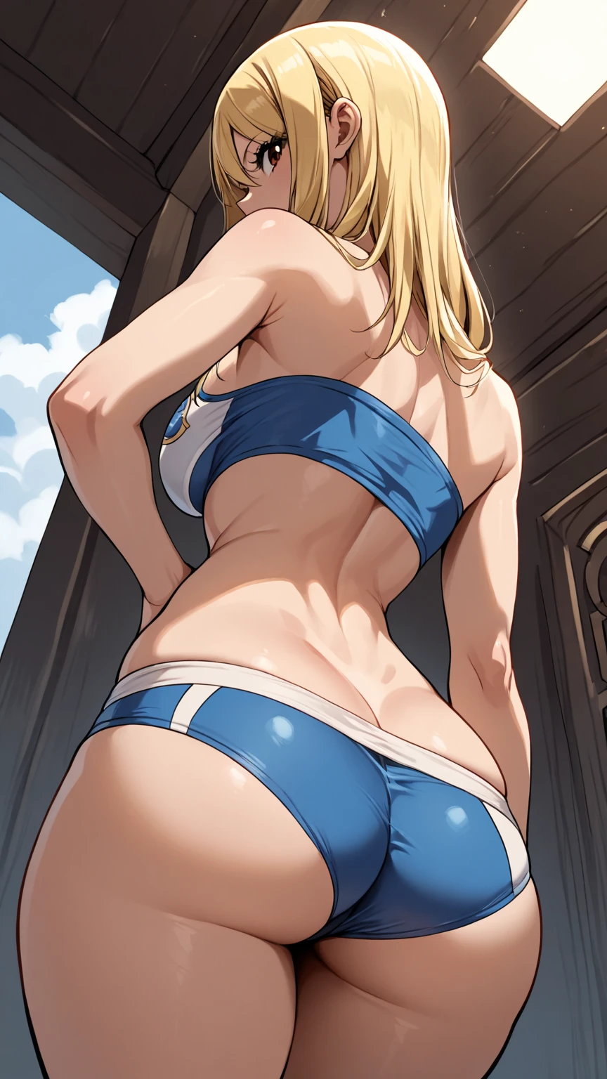 masterpiece, best quality, solo, curvy, beautiful eyes, <lora:MarieRoseIXL_v2:1.0>, zzMarie, blue eyes, blonde hair, hair ornament, hair ribbon, long hair, twintails, very long hair, x hair ornament,  one-piece swimsuit, blue one-piece swimsuit, black ribbon, frilled swimsuit, swimsuit, ribbon, frills, dead or alive, bare shoulders side view, ass, leaning forward, cowboy shot, smile, looking at viewer, shiny skin,<lora:TTitansStyleIXL:1.0>,