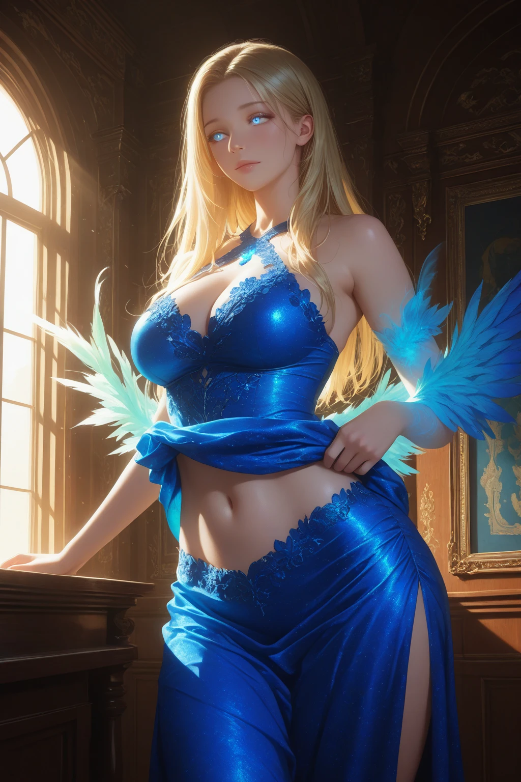 best quality,ultra-detailed,photorealistic,portrait,soft lighting,vibrant colors,blonde hair flowing in the wind,wavy locks framing her face,stunningly detailed blue eyes,luscious lips with a hint of a smile,elegant ojousama dressed in a stylish and revealing comic-inspired outfit,breathtakingly proportioned  that enhance her captivating presence,an enchanting butterfly hair ornament delicately adorning her flowing hair,provocatively dressed with no bra, and the dress revealing her alluring figure, wearing high heels that accentuate her graceful posture,chains delicately draping around her, adding a touch of mystery and allure to her image.