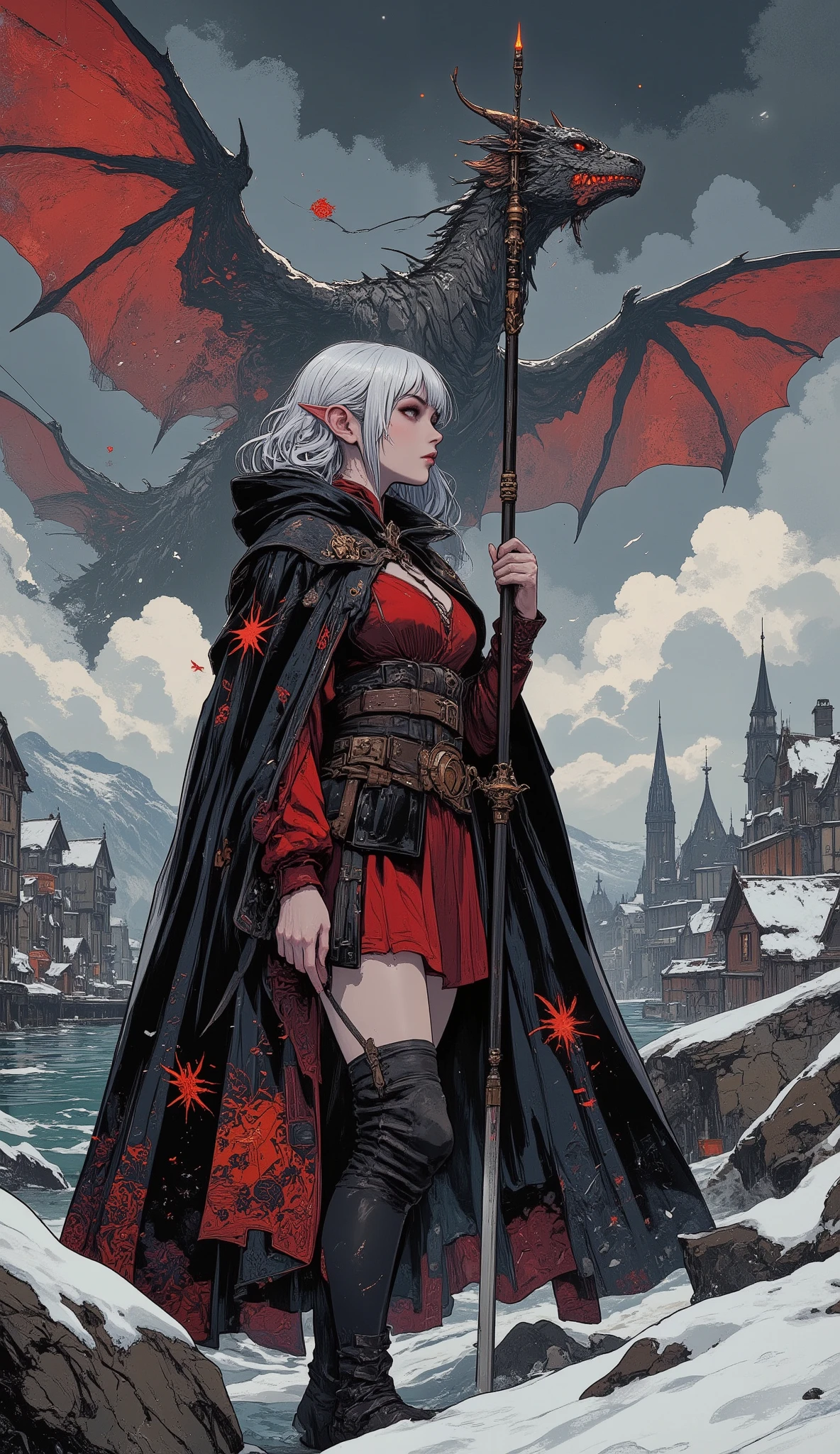 (A digital art piece blending ukiyo-e with dark fantasy, creating an aesthetic and gothic style. Detailed depictions of the face and body. Dark heroine.) BREAK
(A small port town in medieval Scandinavia, where the sea freezes in bitter cold. Dark gray clouds hang low in the sky, and a fierce blizzard blankets the surroundings in white mist. A Fire dragon spreads its wings wide, flying gracefully through the air. A dark elf dragon slayer stands with her back turned, her body twisted in a bold pose, gazing at the fire dragon while holding a dragon lance longer than her own height in one hand.) BREAK
(The dark elf dragon slayer has snow-white hair, a blunt fringe, long flowing locks, long white lower lashes, lavender-colored eyes, thick dark eyeliner, and pink lips.) BREAK
(The dark elf dragon slayer wears a cloak of jet-black velvet embroidered with tiny red scorpions in a medieval Spanish gypsy-inspired design, paired with a short-hemmed, dark red velour lace-up dress. She wears soft black leather boots with knee-length turn-ups. A silver dagger hangs from her waist belt.)