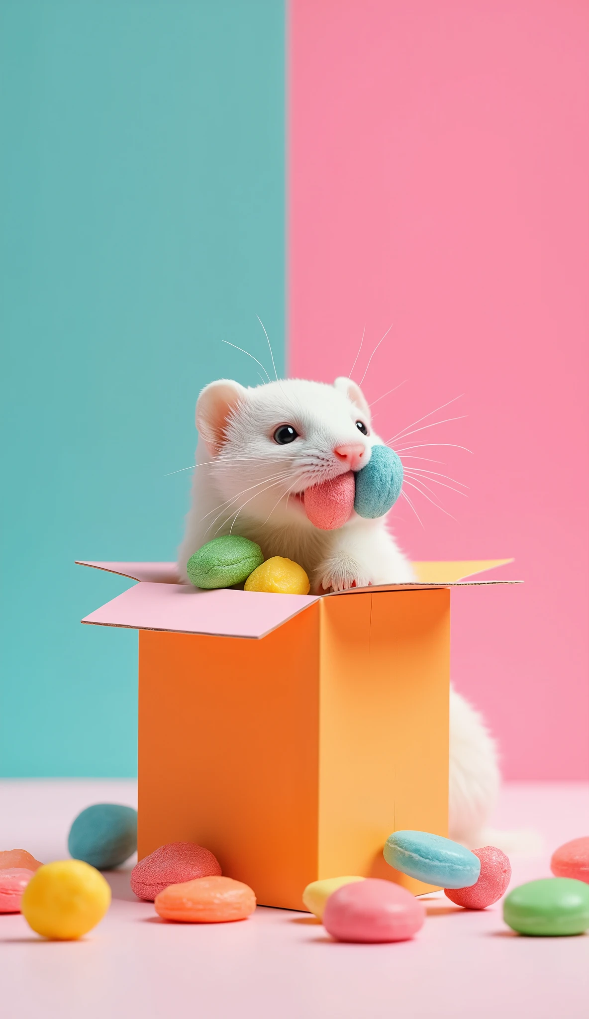 Minimal Art, minimalism, abstract art, mad-mdrnmnmlsm, sw1ssdes1gn, clear_note. reminiscent of the candy, Combining a minimalist profile with blended identity. A paper box filled with various colorful candies. a ferret is holding a candy in its mouth and trying to escape. The contrast between the minimalist figure and the cool background is unexpected and stimulating. stunning light expression, Realistic surface brightness, Natural dynamic shadows, Balanced vibrant colors, Highest resolution, masterpiece. This work is a beautiful fusion of abstract art.