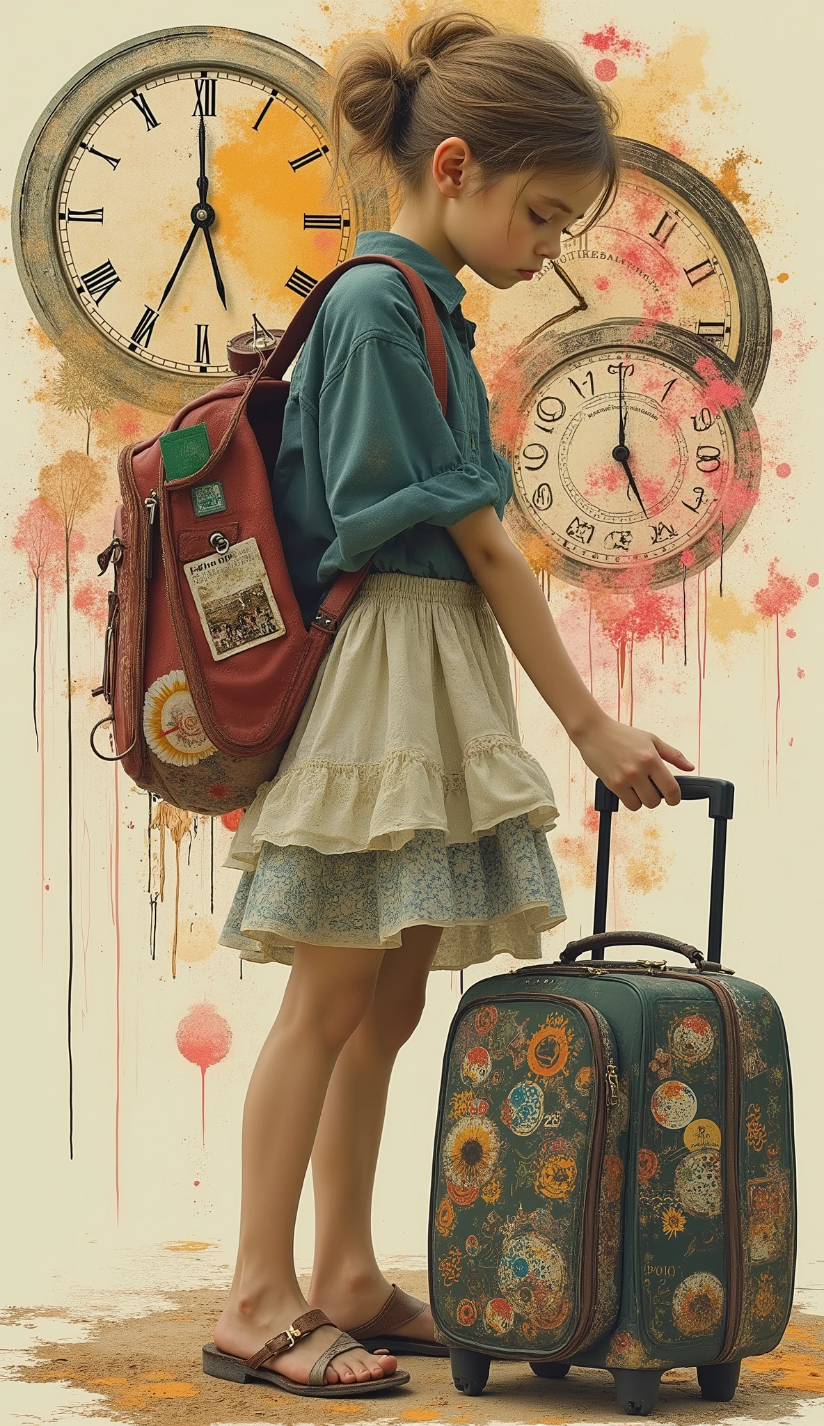 collage art, reminiscent of the jet lag, Combining a minimalist profile with blended identity, full body shot. Scrawny petite delicate thin 14yo traveling girl, hair bun, no makeup, dark circles under her eyes. she has a vintage trolley bag with many retro stickers, she is looking down Sleepily. surrounded by abstract melting clocks, The collage consists of various textures and patterns, The color palette is a mixture of muted tones and bright, contrasting shades, creating a feeling of both nostalgia and rebellion, The composition is deliberately chaotic, with elements overlapping each other and going beyond the edges, adding to the raw, unfiltered aesthetics. stunning light expression, hyper photorealism, Biologically correct images, innocence, neat and clean, Highest resolution, masterpiece.
