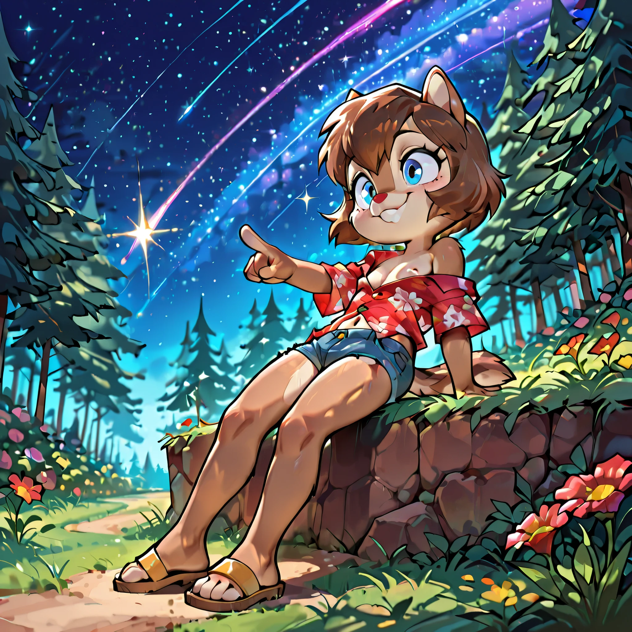 score_9, score_8_up, score_7_up, score_6_up, hi_res, furry_source, absurdres, masterpiece, best quality, amazing quality, Chip'n Dale Rescue Rangers, 1girl, solo, alone, Femdale, furry, anthro, chipmunk girl, brown fur, blue eyes, chipmunk tail, red nose, brown hair, short hair, bangs, short body, short stature, ((red hawaiian shirt, one button fastened, claveage, off shoulder, denim shorts, sandals)), full body, feets with three toes, small breasts, navel, (very skinny:1.0), (Small, Short:1.1), (young cub:1.2), spread buckteeth, action pose, standing, smile, looking at viewer, seductive stare, leaning back, looking ahead, detailed fur, ane hand pointing at sky, outdoors, grass, flowers, forest, sitting, outdoors,cinematic lighting,starry night,shooting star,shooting star with sparkling trail,tiny bright sparkles,maltiple glowing meteors,highly detailed starscape,grassy water reflections,ethereal fog,vapor,high contrast cosmic void,happy,dreamy atmosphere,