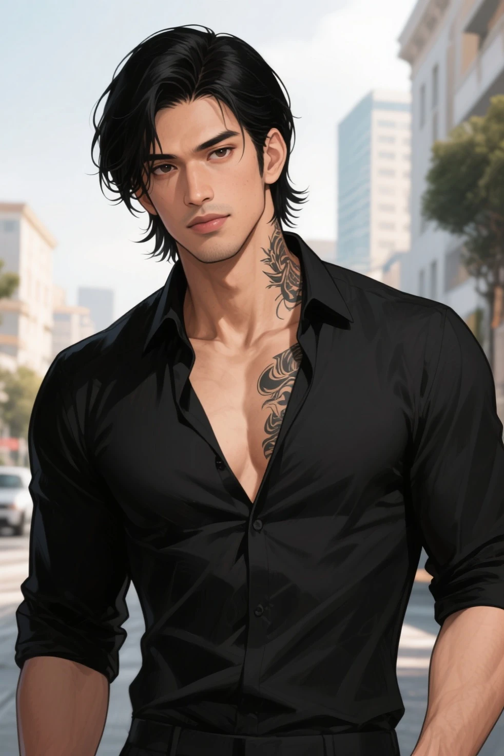 Close-up Quality (masterpiece1.2), (Best quality), (Intricate details)Male, 6'5, white, built, has big veiny hands. Tattoos that cover his neck, , arms, and back. has well-trimmed facial hair, tan from the sun, groomed body hair on his arms, and leading to a happy trail, Black hair that is short at the sides, longer at the top, Well-kept, Handsome, thin lips, sharp, defined, square jaw. Dimples, slightly crooked nose. Green eyes with hints of gold in the center. long eyelashes. Wearing blue jeans, black button up, dog tags, black leather riding boots