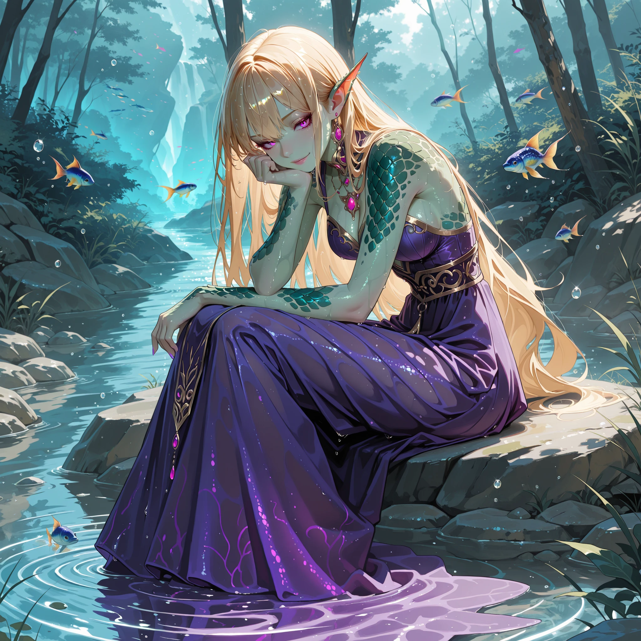 miaomiao_liulifa, visiosomni, (masterpiece:1.3, best quality, ultra detailed), sahuagin-inspired woman sitting calmly on a rock in a quiet cove, long golden hair gently flowing and slightly wet, luminous purple eyes, green skin with forearms and upper arms covered in fish-like scales that shimmer with an eerie, mystical light, pointed ears, small decorative fins on arms and hips, wearing a flowing deep-purple long dress that drapes naturally, cool and composed expression, subtle confident smile, relaxed pose with one hand resting lightly near her chin, water droplets falling softly from her hair and scales, mist rising over the water, tranquil moonlit atmosphere reflecting on the cove’s surface, detailed rocks and gentle ripples, cinematic but restrained composition, focus on mysterious presence rather than seduction, fantasy aquatic aesthetic, emphasizing scaled skin as the central theme