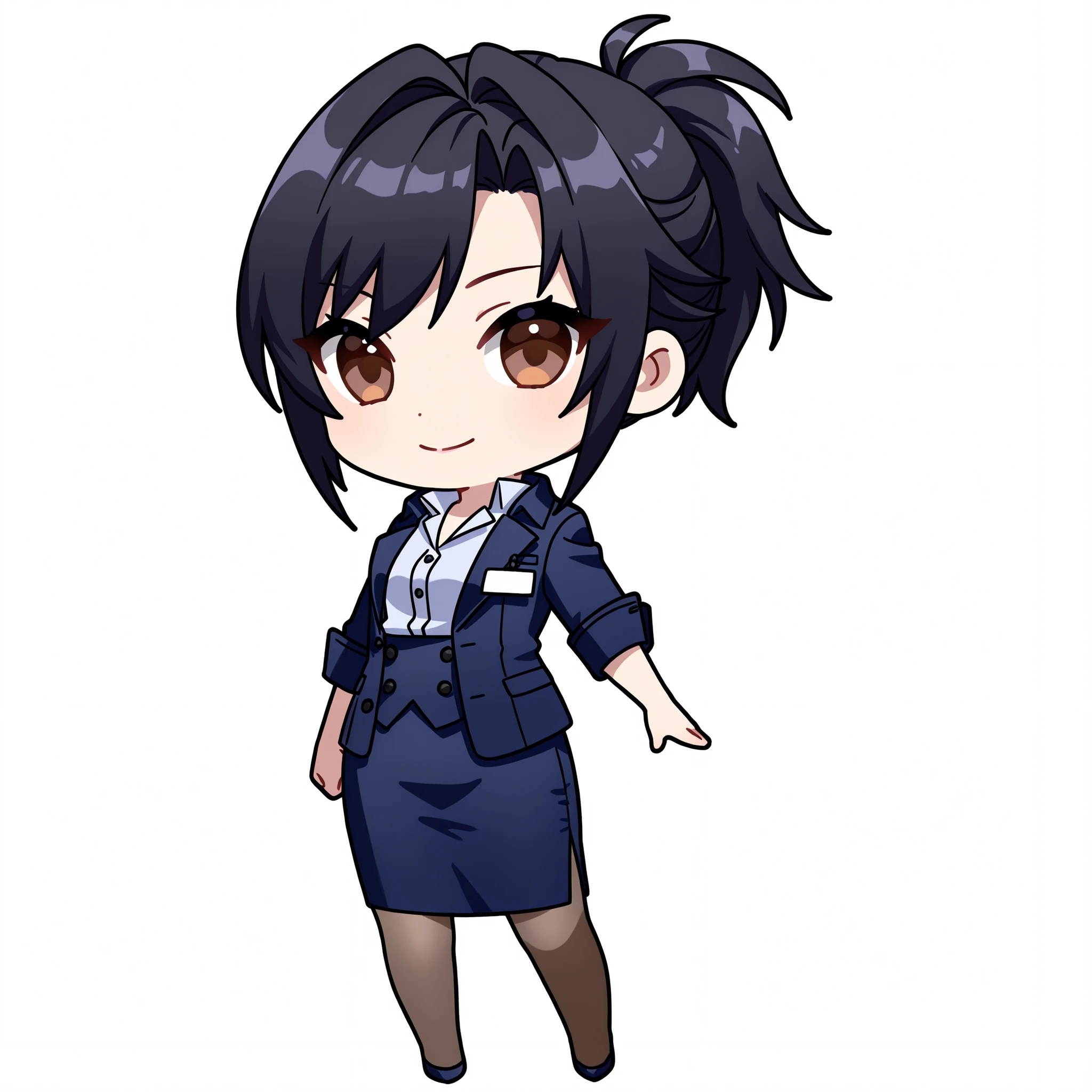 bdchibi,full body,Chibi, one girl, full body, (white background: 1.3), businesswoman, solo, wearing a navy blue suit and a tight skirt, 20 years old, Japanese woman, brown eyes, black hair in a ponytail, smiling, white background, looking at the viewer,