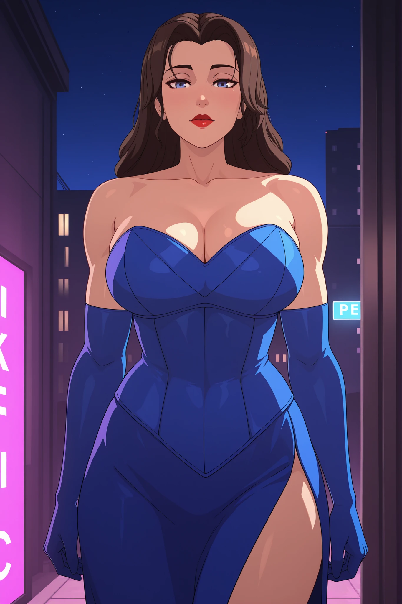 dispatch_blonde_blazer, indoors,red lips,mature woman, adult, big breasts, full lips, slender, closer up, closed mouth, perfect face, dark blue sleeveless strapless bustier dress, bare thigh, brunette dark brown hair, elbow length blue gloves, thigh slit, leg slit, standing, toned body, slightly curvy, closer up, perfect face, looking at viewer, sweetheart neckline, facing viewer, face focus, solo, solo, solo, outdoors background, night background, face focus,