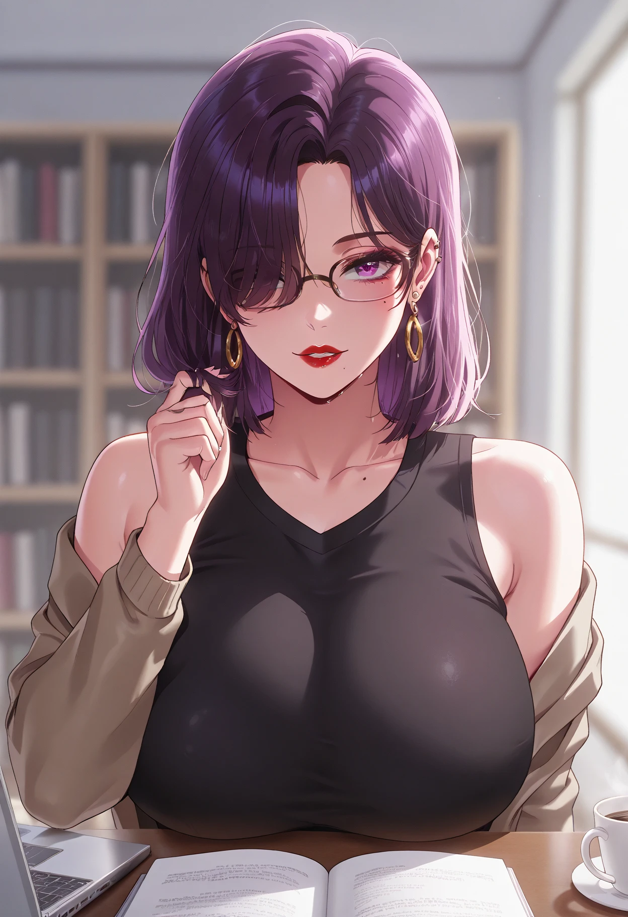 1girl, solo, long hair, , looking at viewer, , simple background, shirt, white background,  shoulders, jewelry, purple eyes, collarbone, jacket, upper body, purple hair, earrings, parted lips, glasses, sleeveless, off shoulder, mole, hair over one eye, lips, black shirt, mole under eye, sleeveless shirt, makeup, hoop earrings, red lips,,best quality,masterpiece,amazing quality,very aesthetic,high resolution,ultra-detailed,,depth of field,volumetric lighting ,highly detailed,best quality,8k,best quality, very aesthetic, ultra-detailed, newest,BREAK, depth of field, masterpiece, amazing quality, high resolution, absurdres, newest,manhwa