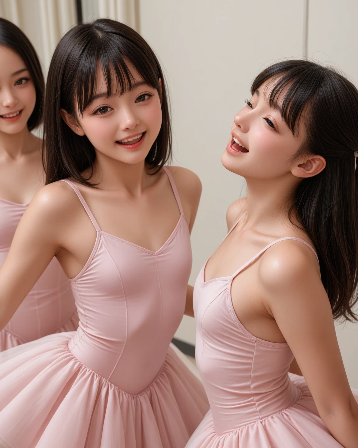 Two girls standing at ear window in school classroom,Navy blue unitard with white trim,break,bangs,smile,Short hair with low pigtails,from before,Front light,((12 year old 、slender、delicate、Sexy clavicle and flat chest、Very small breasty whole body is soaked