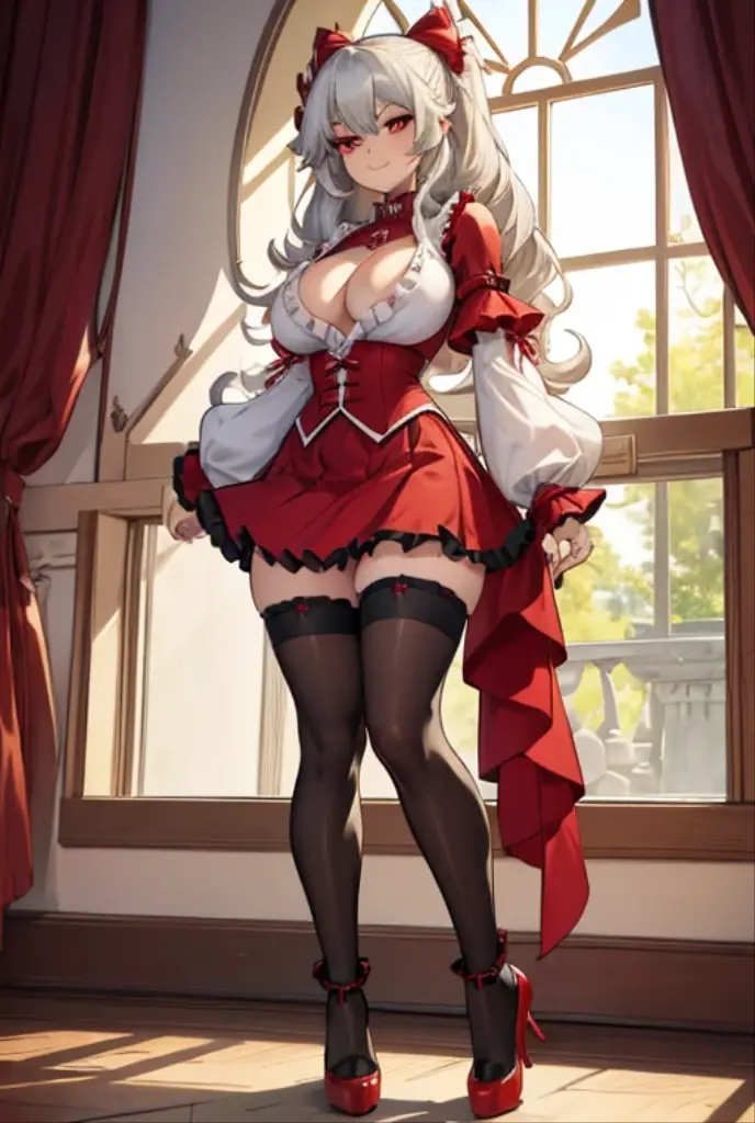 (masterpiece, best quality, highres, high quality:1.2), award winning, super detail, high details, textured skin, anatomically correct, ccurate, UHD, retina, ((4k,1080P, HD)), silver white hair, long hair, shinny hair, perfect breasts, small breasts, charming and stunning woman, attractive beauty, pantyhose black, ((black Cloak)), high heels, ((Crimson red Eyes)), crimson throne, crimson palace, (crimson lightning),((perfect anatomy)), ((1girl)), perfect hands,black gloves, ((standing)), ((crossed arms)), (mature young woman), cute girl, beautiful girl, ((high shot angle)),black short skirt, (perfect legs), ((beautiful and stunning young girl, attractive girl)), ((perfect body, sexy body)), (((full body))),((ultra_detailed)), ((standing straight)), ((she is short, short legs)), young female girl, ((red skirt))